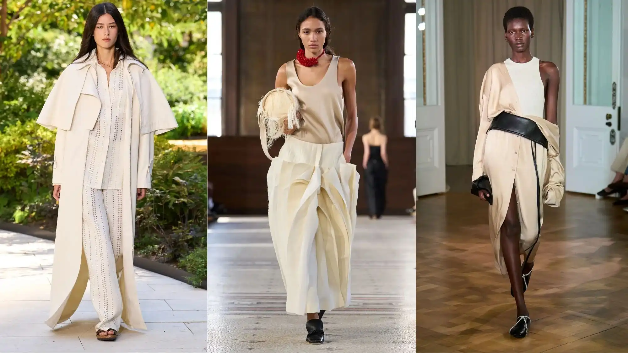Fashion Trend Forecasting image featuring neutral-toned runway looks with fluid silhouettes, soft tailoring, layered proportions, and understated luxury, reflecting emerging directions in minimalist elegance, natural sophistication, and contemporary womenswear.