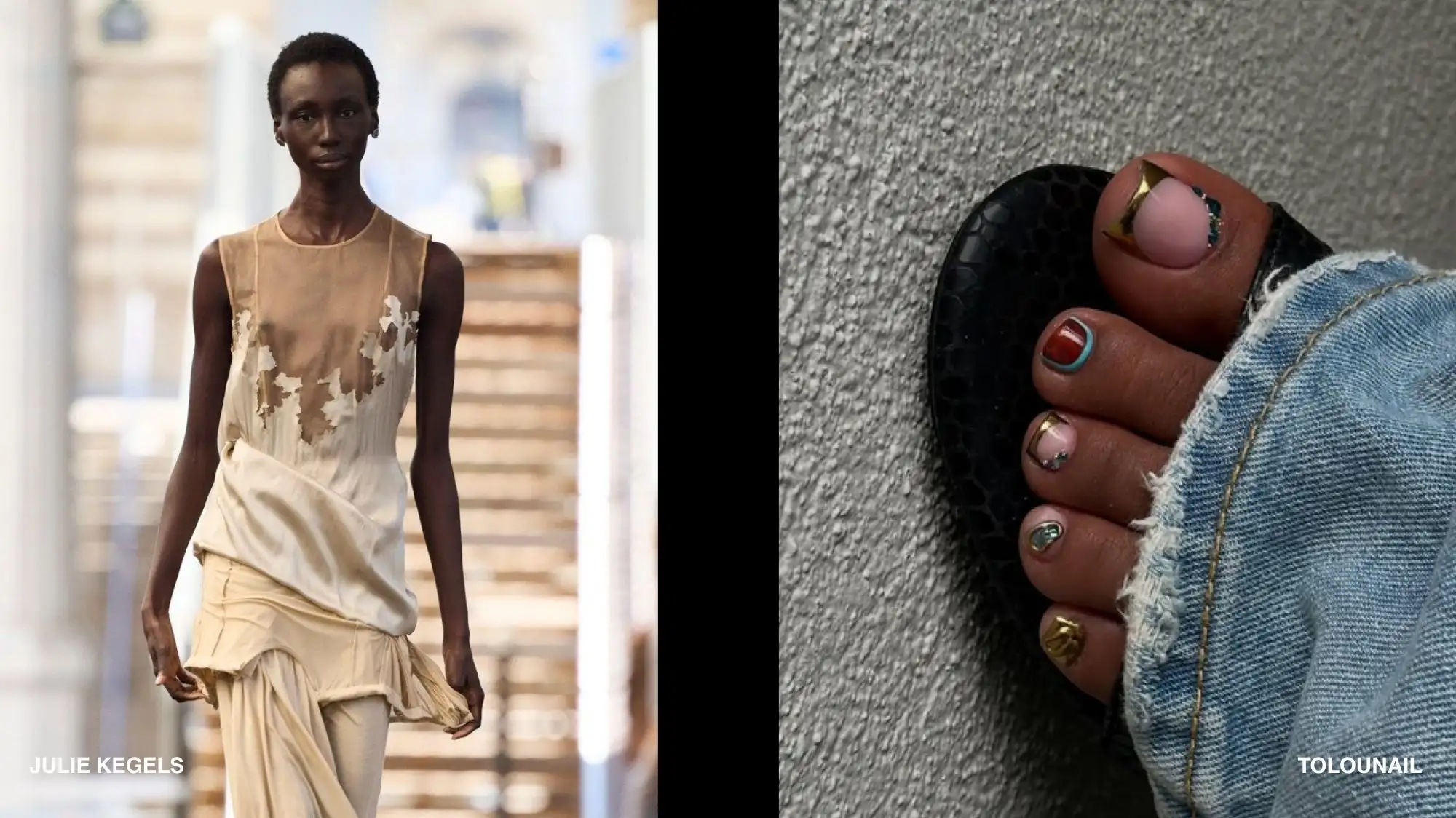 Spring Summer 2028 Fashion Trend Forecasting by C2 Fashion Studio featuring distressed fashion design and imperfect nail art that express The Beauty of Imperfection through deconstructed craftsmanship, raw finishes, visible wear, and authentic self-expression identified by Trend Intelligence.
