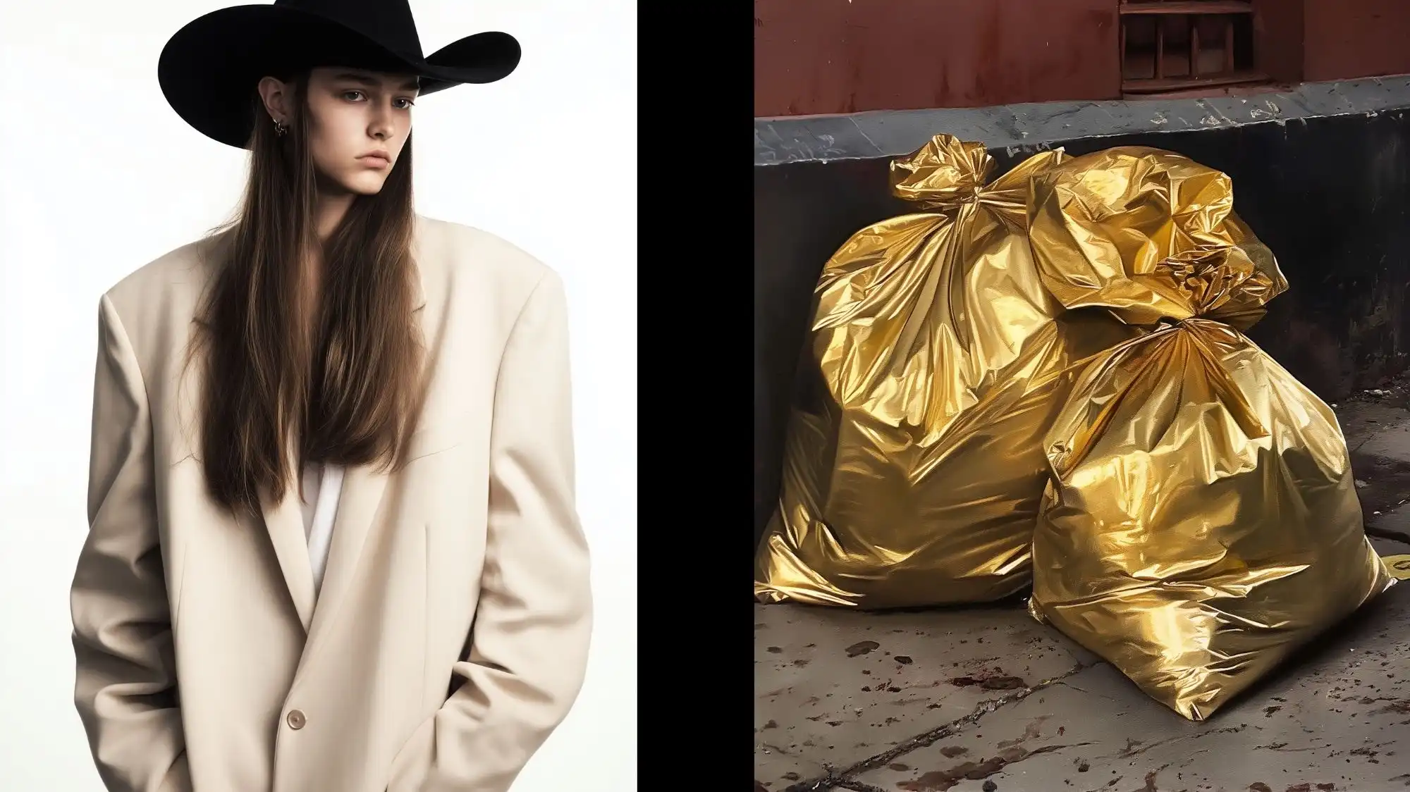 Fashion Trend Forecasting image illustrating Circularity 2026 through the contrast between timeless tailoring and repurposed materials. A model in an oversized neutral blazer and black hat is paired with metallic gold waste bags, symbolizing circular design, material reuse, resource value, and sustainable fashion innovation.