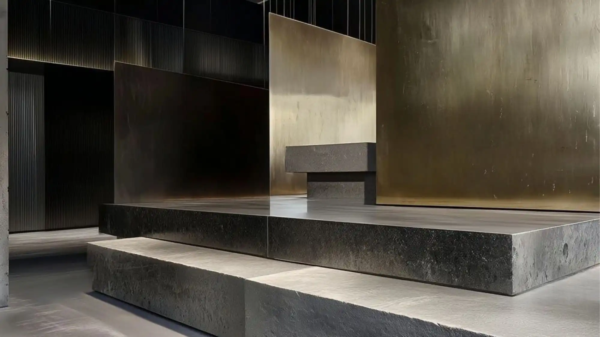 Architectural interior featuring monolithic stone platforms, oxidized metal surfaces, and minimalist spatial composition, reflecting material intelligence, industrial luxury, and emerging design directions identified through Trend Intelligence and Trend Forecasting.