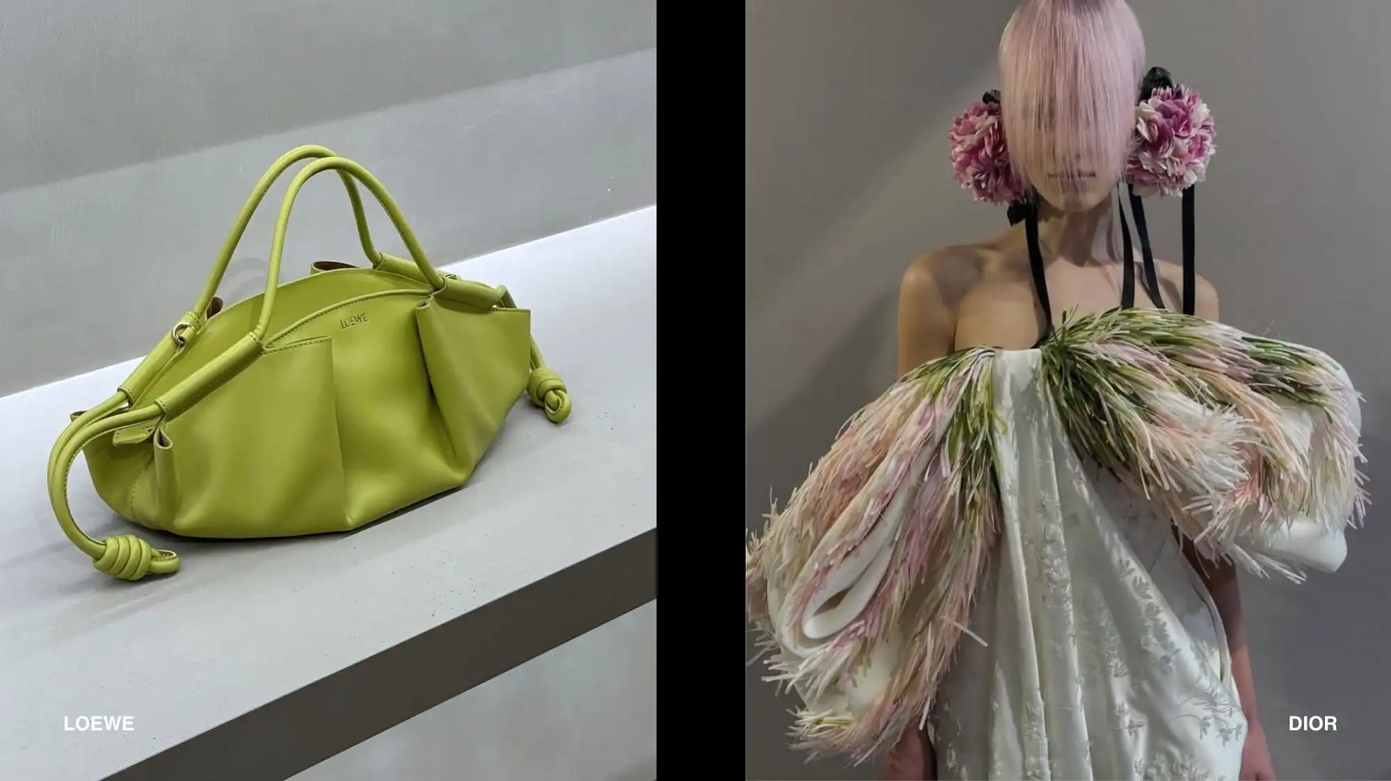 Luxury fashion accessories and couture design illustrating Sustainable Luxury 2030, featuring a green Loewe handbag and nature-inspired Dior couture look that reflect innovation, craftsmanship, biodiversity-inspired aesthetics, and evolving luxury values.