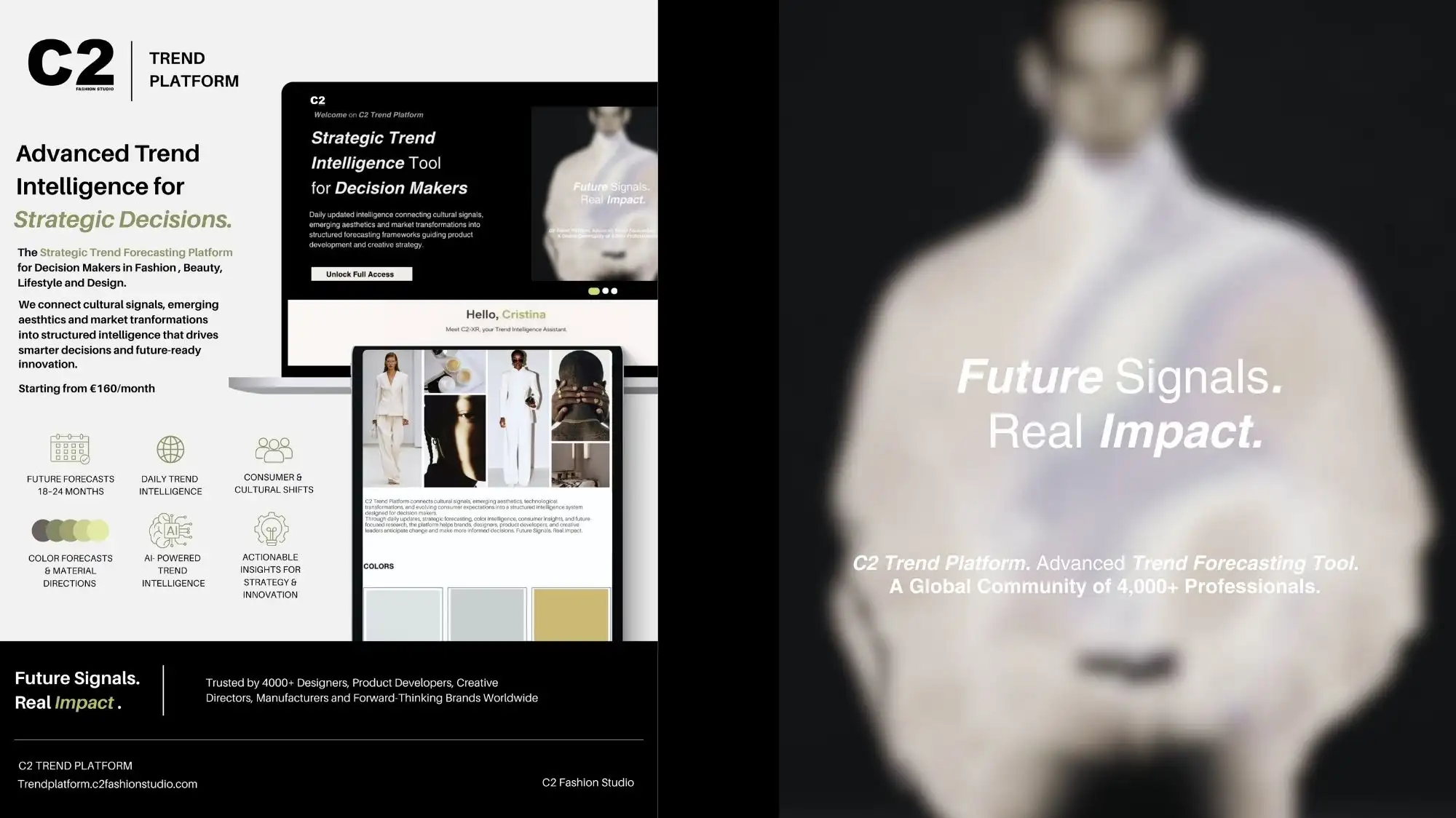C2 Trend Platform dashboard showcasing Fashion Trend Forecasting, Trend Intelligence, consumer insights, color forecasts, material directions, and AI-powered strategic forecasting tools designed to support future-focused decision-making across fashion, beauty, lifestyle, and design industries.