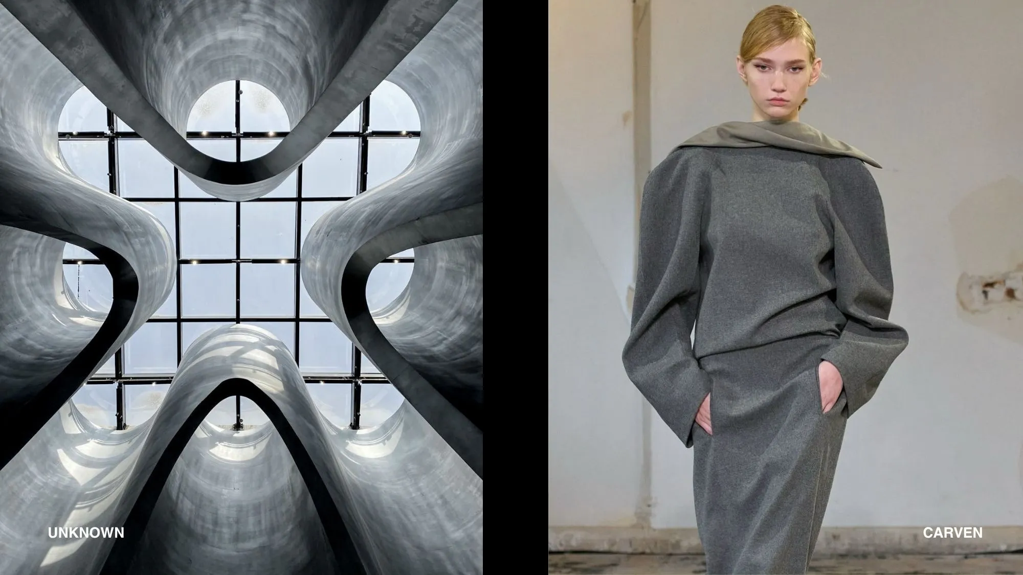 Monumental architectural curves and structured grey tailoring illustrating Structured Fortress, a Fashion Trend Forecast for Autumn Winter 2027 2028 focused on protective design, architectural minimalism, stability, and refined contemporary elegance.
