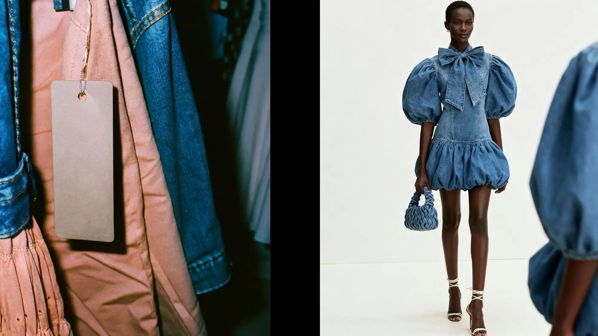 Circularity 2026 fashion trend forecasting image featuring recyclable garment tags, denim apparel, and a runway look crafted in washed blue denim. The visual highlights transparency, product traceability, material longevity, responsible sourcing, and circular fashion design strategies.