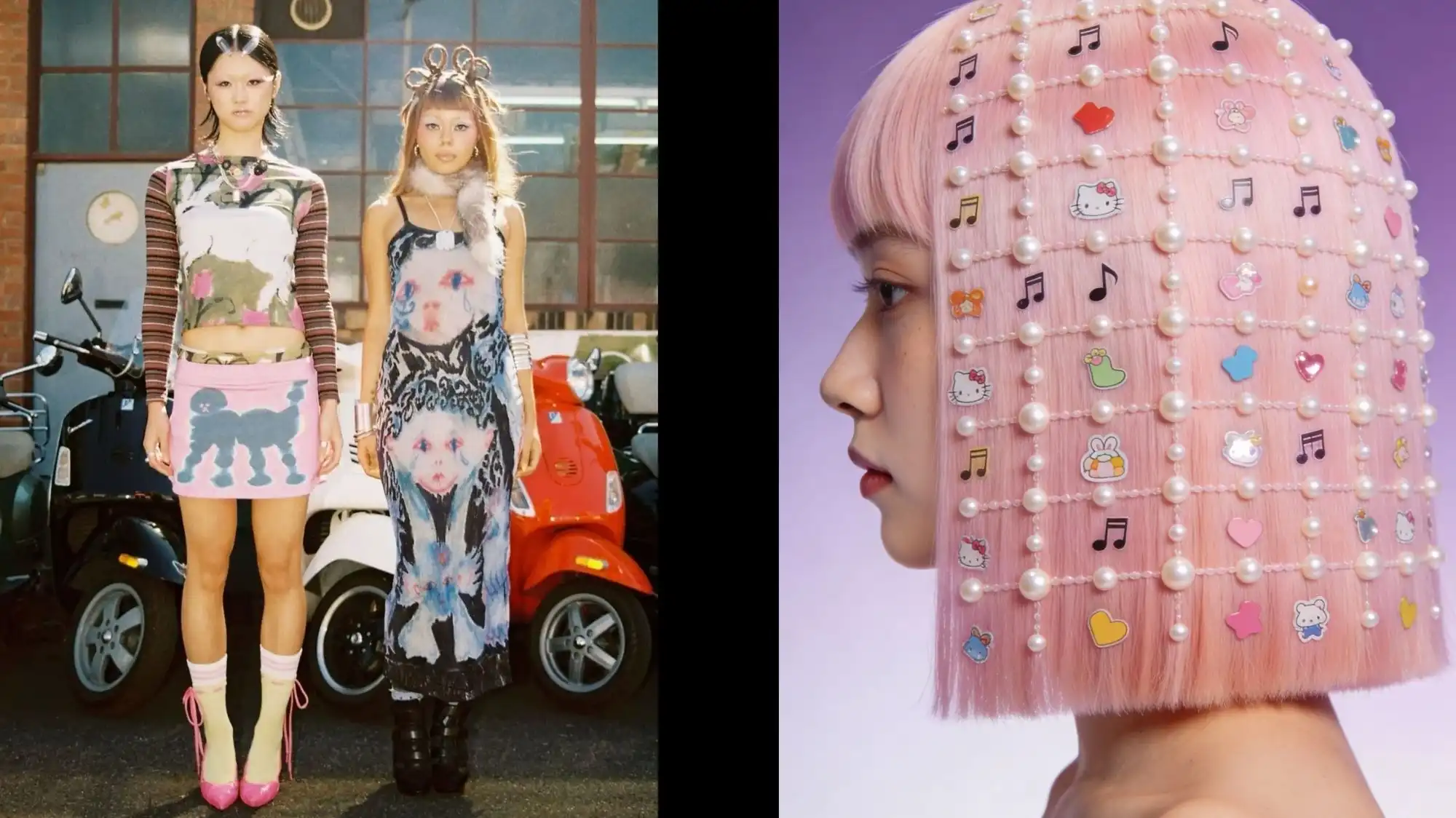 Editorial moodboard showcasing Asia’s T-Wave for Spring Summer 2028, featuring Japanese and Korean-inspired fashion aesthetics, kawaii beauty, pastel hair styling, and playful accessories identified through C2 Fashion Studio Trend Forecasting.