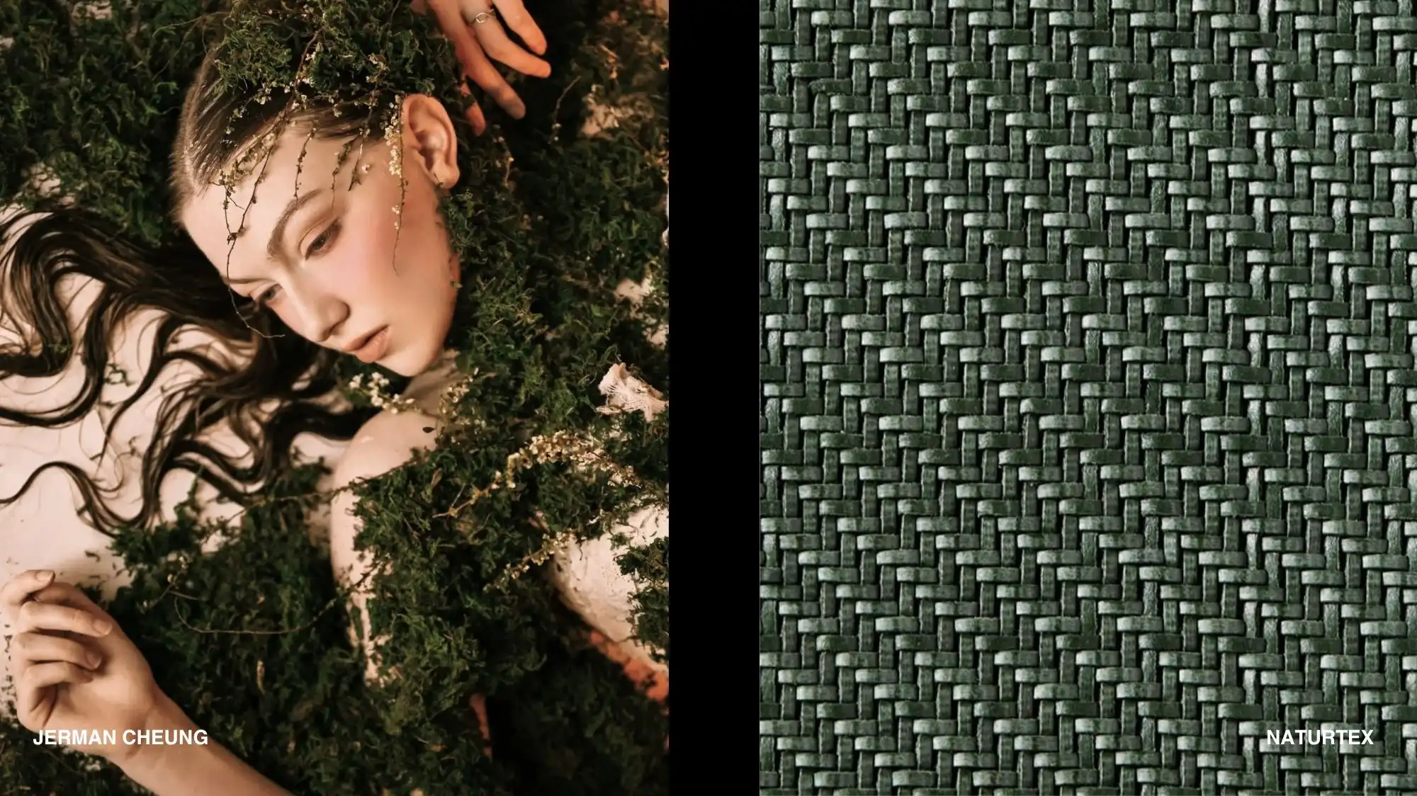 Sustainable Luxury 2030 moodboard featuring botanical-inspired fashion styling and an innovative woven material texture, highlighting biodiversity, responsible design, material innovation, and environmental accountability in the future of luxury.