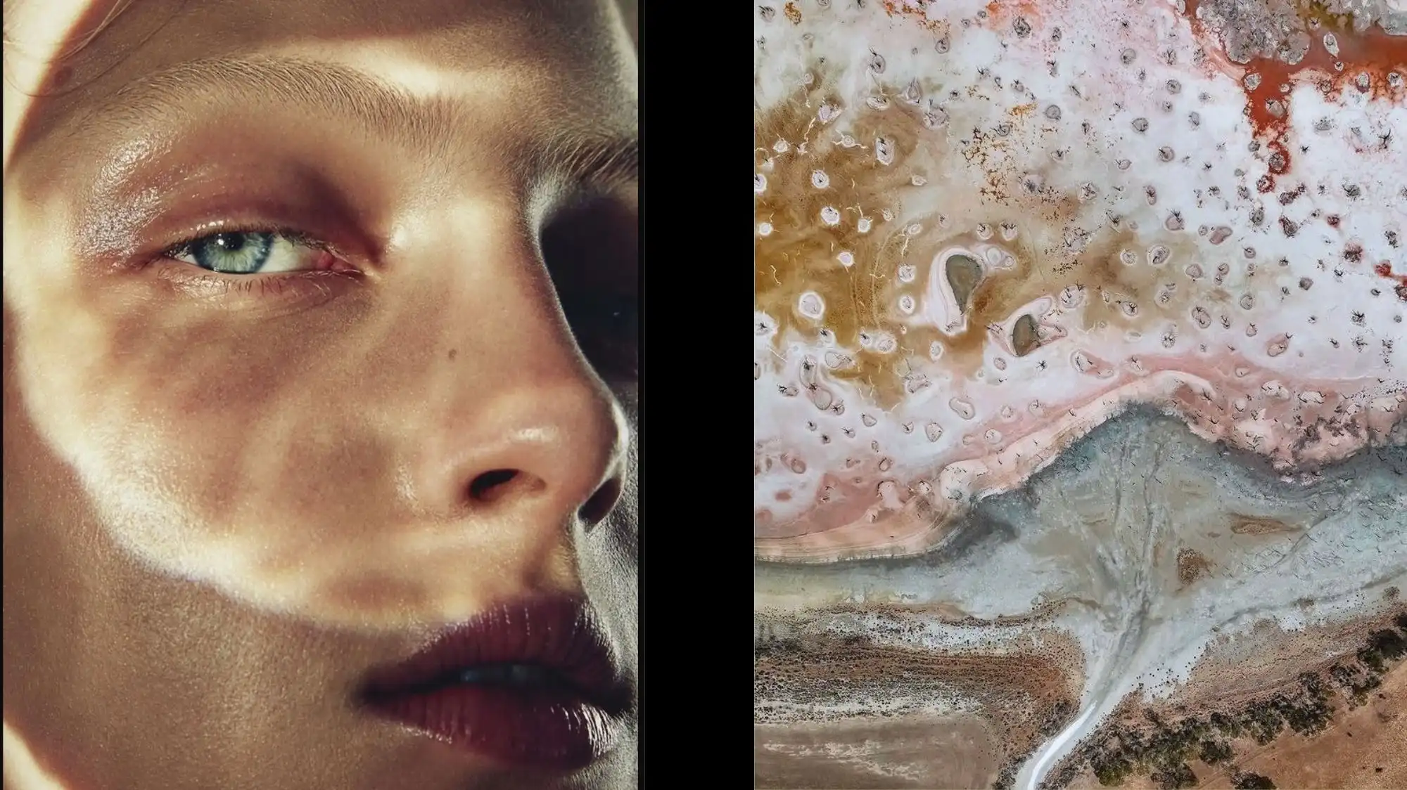 Luminous Balance Spring Summer 2028 Color Trend Forecast moodboard featuring radiant skin illuminated by natural light and mineral-inspired abstract textures in soft blush, sand, ivory, and stone tones. The imagery expresses emotional clarity, luminous beauty, natural refinement, and contemporary elegance through C2 Fashion Studio Trend Forecasting, Trend Intelligence, and Material Intelligence research.