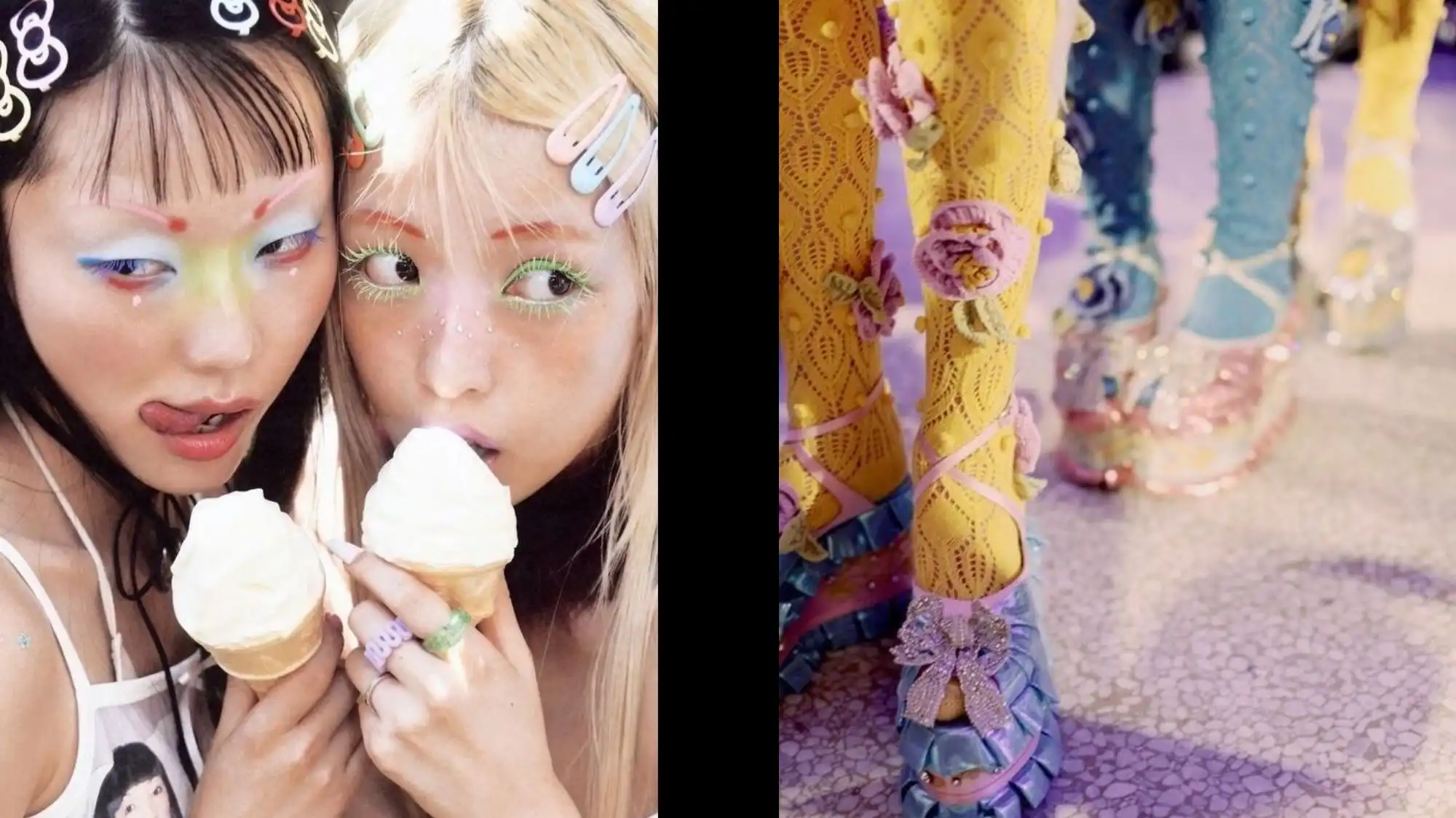 Playful Asian fashion and beauty moodboard for Spring Summer 2028 featuring colorful editorial makeup, kawaii-inspired styling, pastel accessories, embellished hosiery, and expressive footwear illustrating Asia’s T-Wave by C2 Fashion Studio Trend Forecasting.