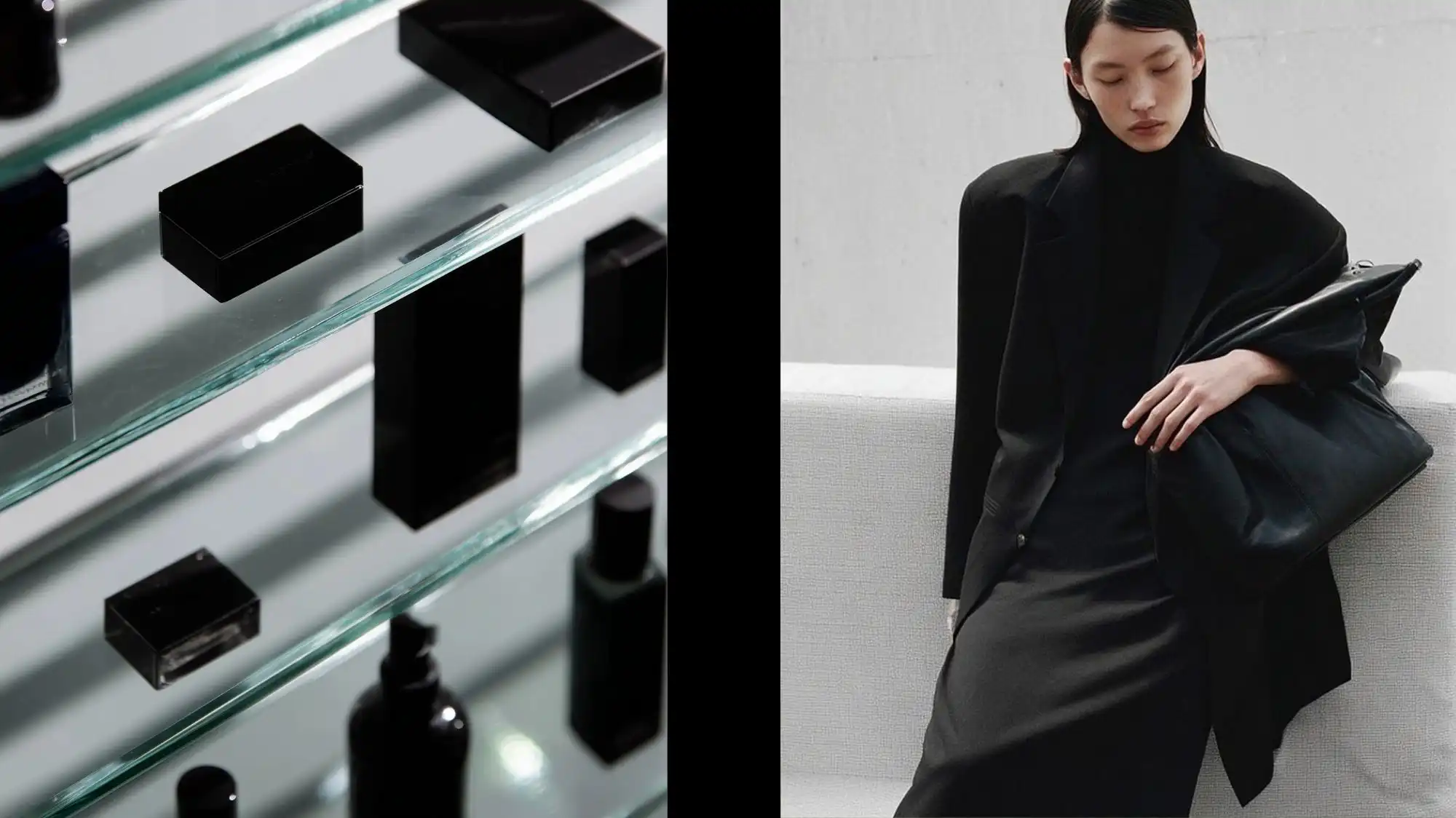 Luxury beauty products displayed on minimalist glass shelving alongside a refined monochromatic fashion look, representing the convergence of Fashion Trend Forecasting, beauty innovation, quiet luxury, and contemporary consumer lifestyles.