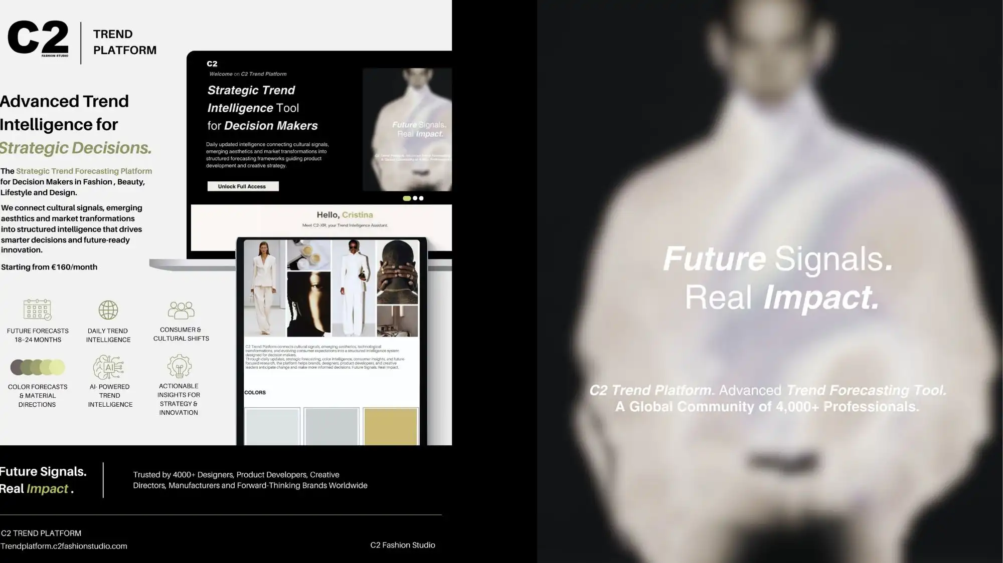 C2 Trend Platform dashboard showcasing advanced Fashion Trend Forecasting, Trend Intelligence, consumer insights, color forecasts, and AI-powered tools designed to support strategic decision-making across fashion, beauty, lifestyle, and design industries.