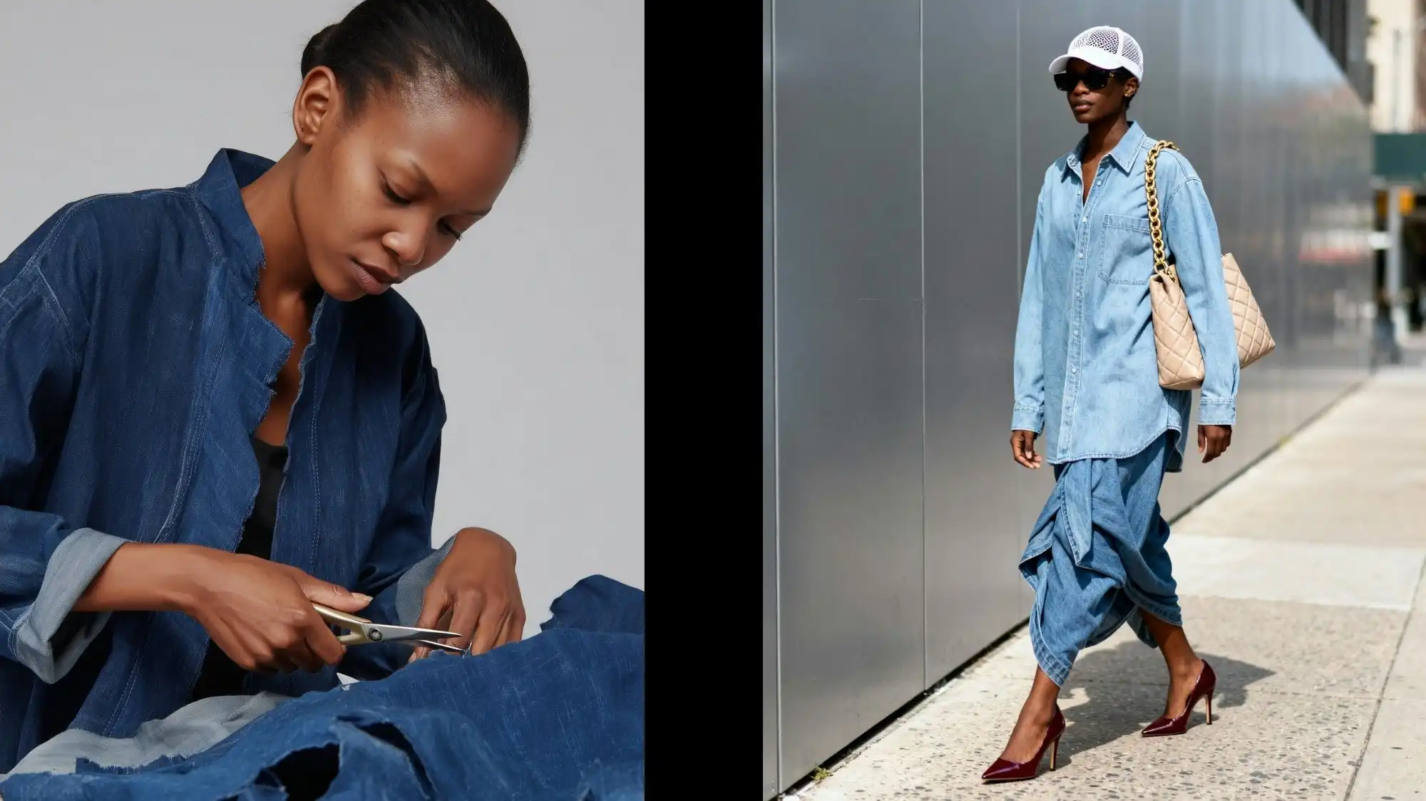 Circularity 2026 fashion trend forecasting image showcasing garment repair, upcycling, and long-life denim fashion. A designer alters a denim garment while a model wears a contemporary denim look, illustrating repairability, product longevity, circular design, and sustainable fashion innovation.