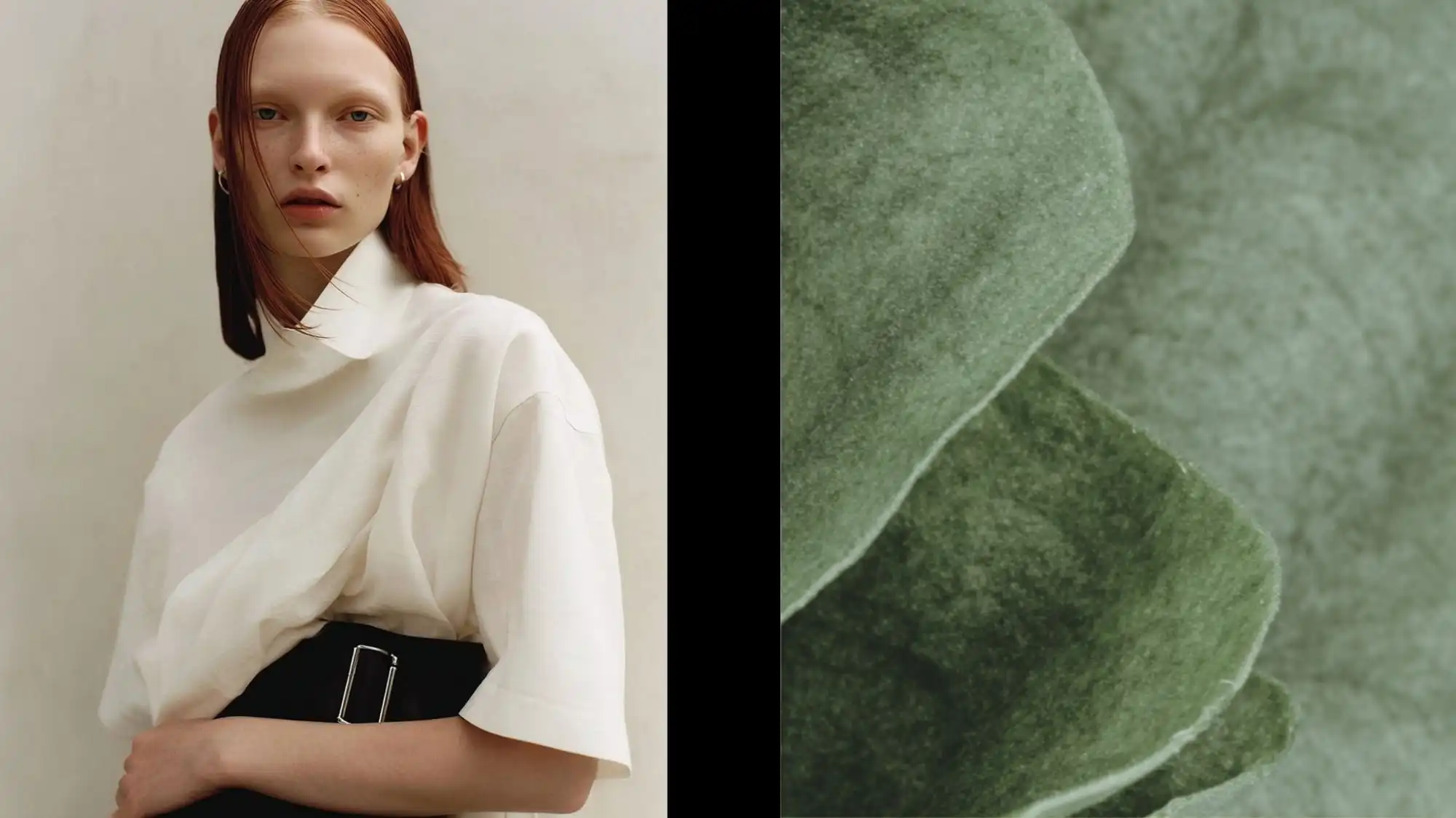 Fashion Trend Forecasting image featuring a minimalist ivory silhouette paired with an organic botanical texture, reflecting natural elegance, Material Intelligence, and emerging consumer preferences for authenticity, softness, and refined simplicity.
