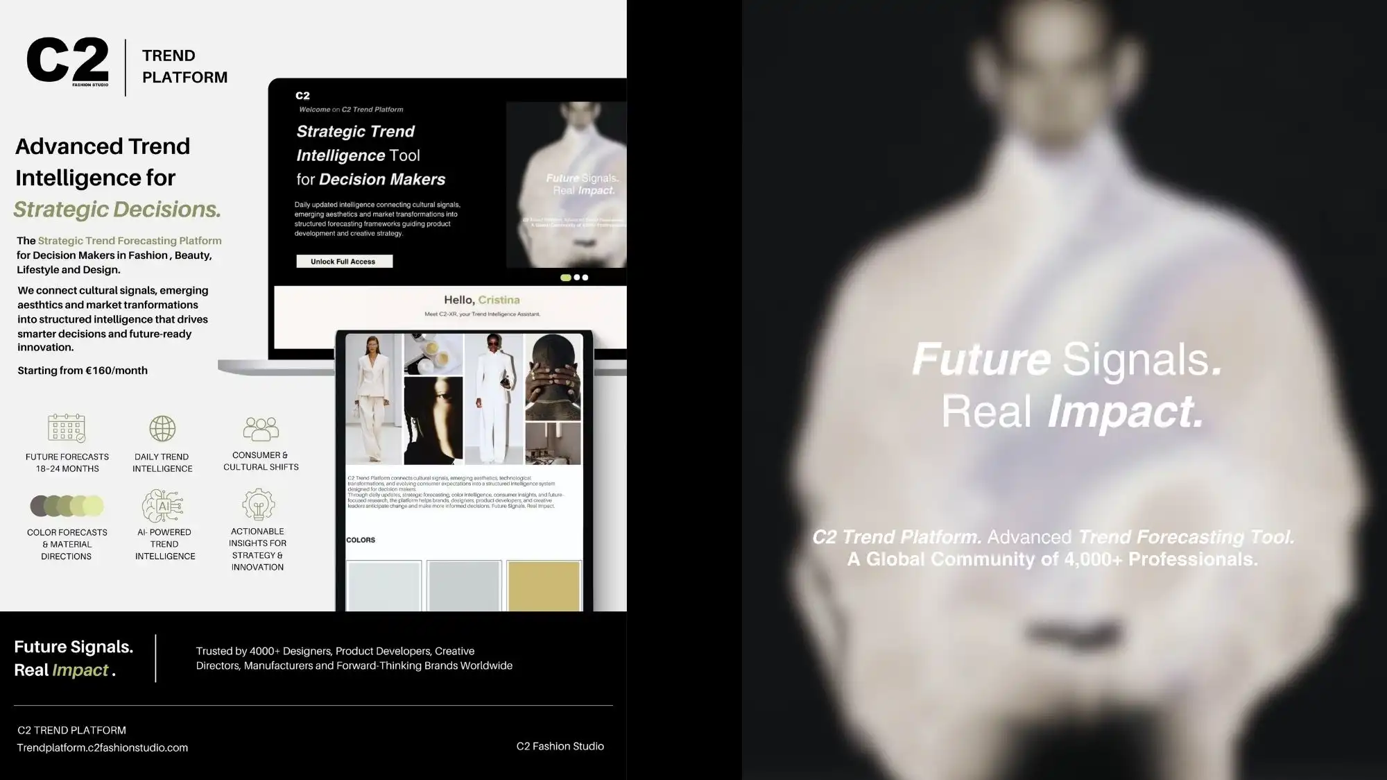C2 Trend Platform interface showcasing advanced Fashion Trend Forecasting, Trend Intelligence, AI-powered insights, consumer behavior analysis, and future signals for strategic decision-making in fashion, beauty, and design.