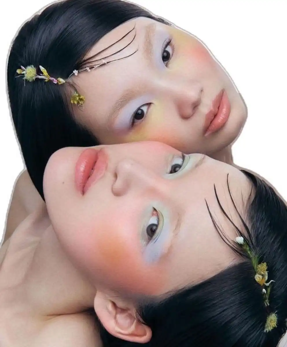 K-Beauty inspired editorial beauty look illustrating Asia’s T-Wave for Spring Summer 2028, featuring luminous pastel makeup, botanical hair details, minimalist aesthetics, and emerging Beauty Trend Forecasting by C2 Fashion Studio Trend Forecasting.