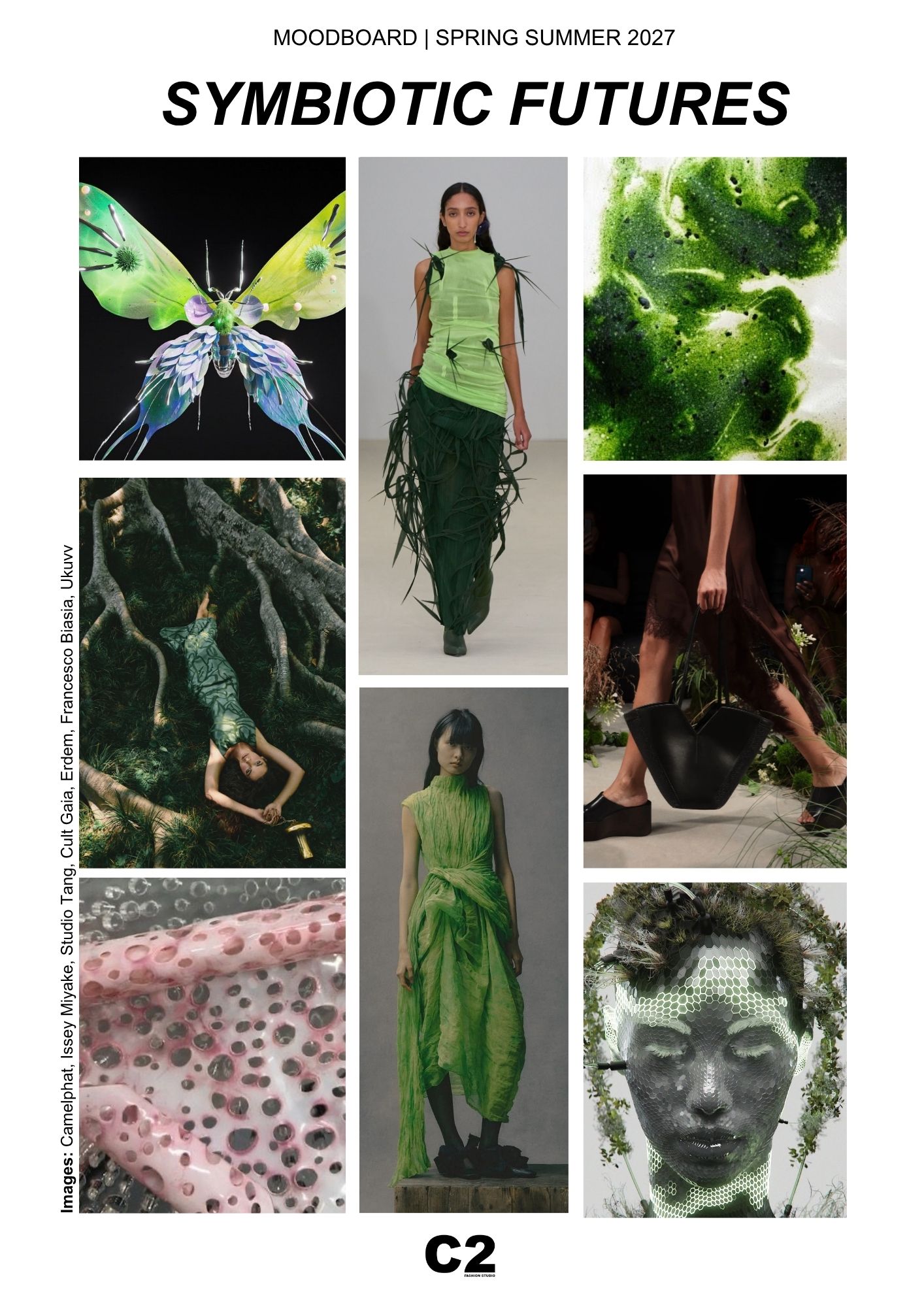 Symbiotic Futures Spring Summer 2027 fashion trend moodboard featuring biomorphic fashion silhouettes, regenerative design concepts, bio-inspired materials, organic textures, cellular structures, and nature-technology convergence explored through Fashion Trend Forecasting and Trend Intelligence.
