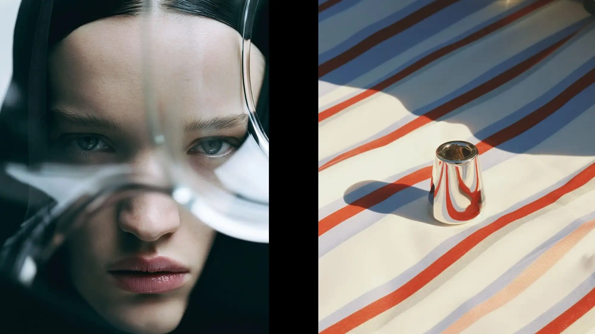Conceptual fashion still life illustrating the future of product desirability through reflective metallic design and graphic striped textiles. C2 Fashion Studio Fashion Trend Forecasting explores how Trend Intelligence transforms aesthetics into meaningful product experiences for 2028.