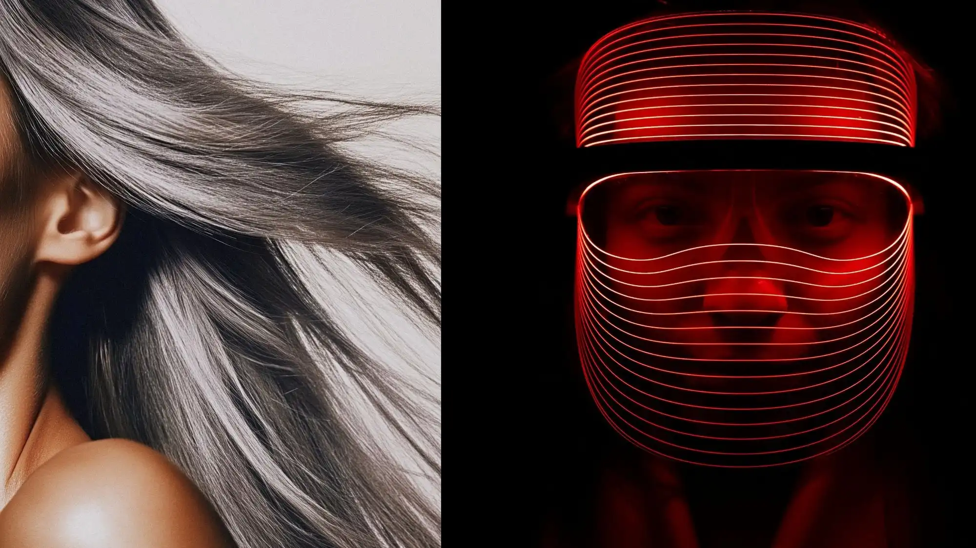 Healthy, radiant hair beside a red LED light therapy face mask illustrating the convergence of beauty technology, longevity wellness and regenerative skincare. Image by C2 Fashion Studio Trend Forecasting highlighting future beauty innovation and healthspan-focused consumer trends.
