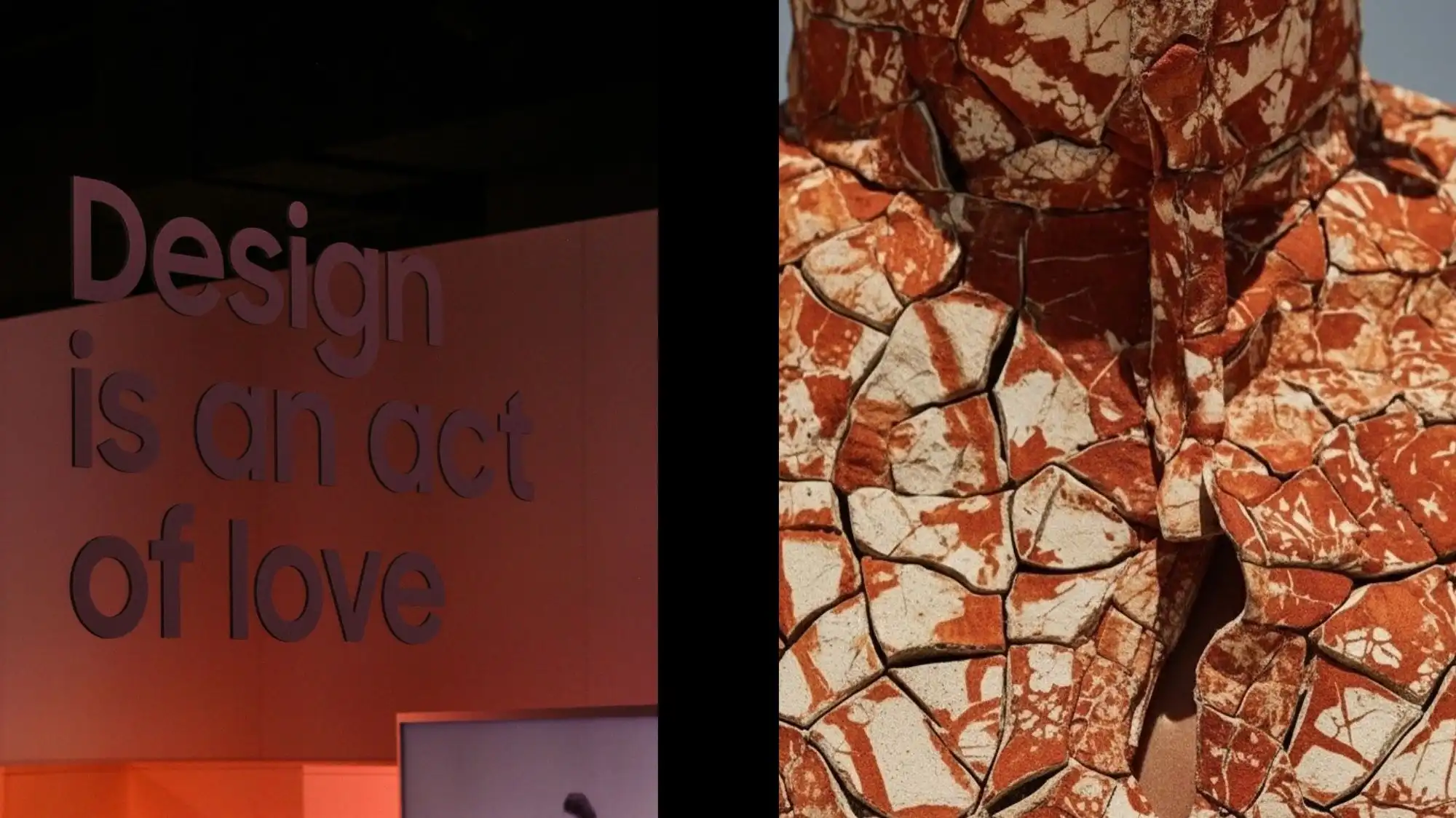 Juxtaposition of the phrase “Design is an act of love” with an artisanal sculptural garment, illustrating Transformative Narrative Design, where craftsmanship, storytelling, and cultural intelligence redefine luxury through Fashion Trend Forecasting by C2 Fashion Studio.
