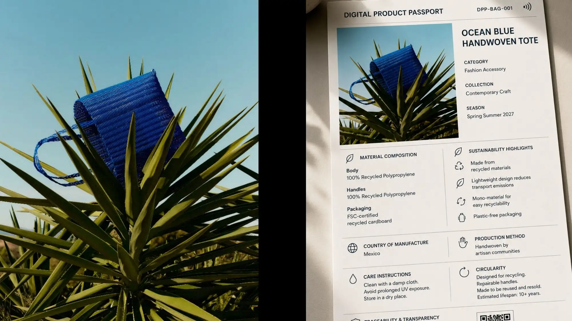 Digital Product Passport displayed alongside a blue recycled woven tote bag, highlighting product traceability, material composition, sustainability data, circularity, and Fashion Trend Forecasting by C2 Fashion Studio.