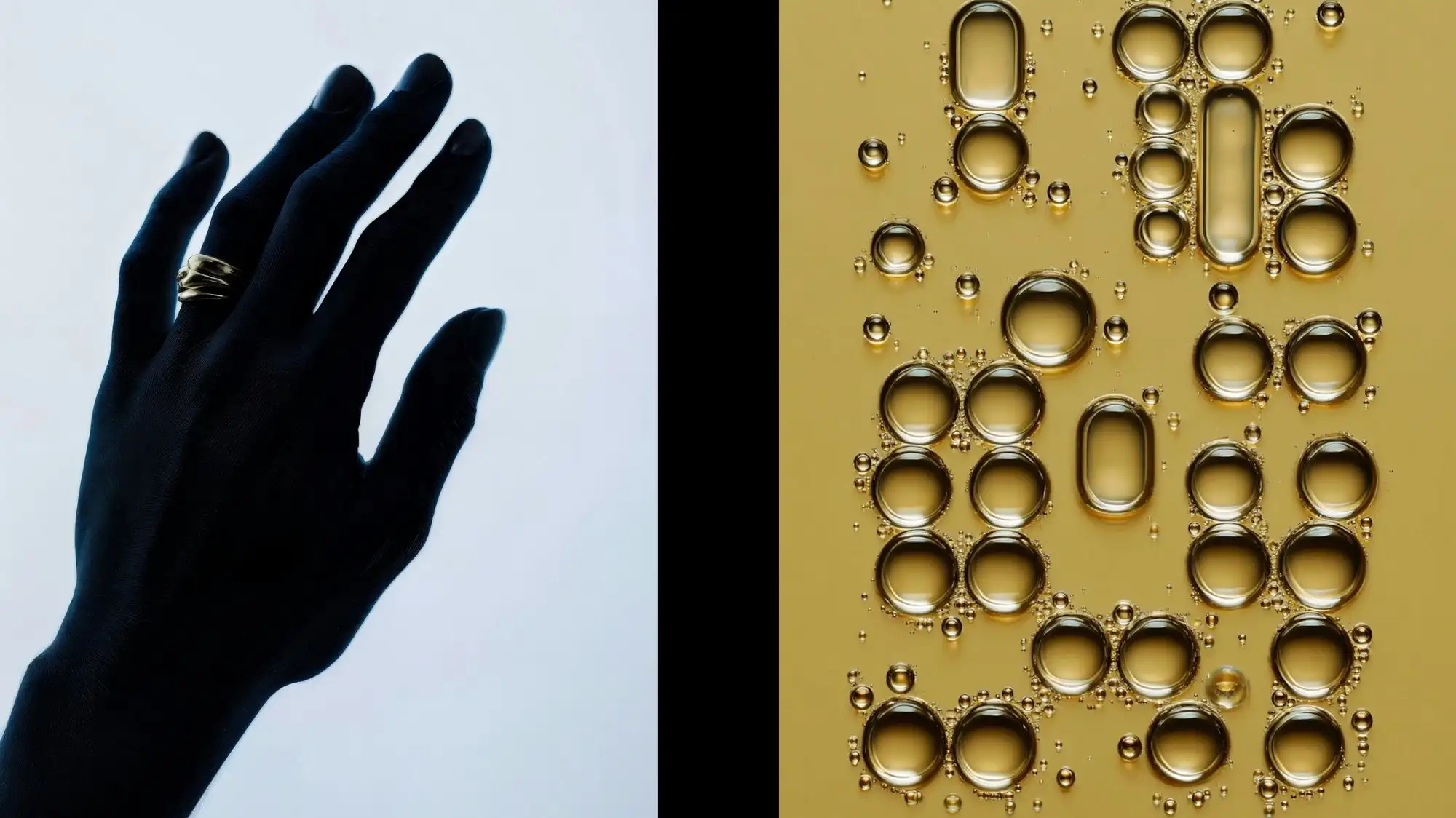 Conceptual fashion composition featuring a sculptural gold ring on a black-gloved hand alongside abstract golden liquid forms. C2 Fashion Studio Fashion Trend Forecasting explores how Trend Intelligence transforms materiality, emotion and product desirability for fashion and jewellery in 2028.