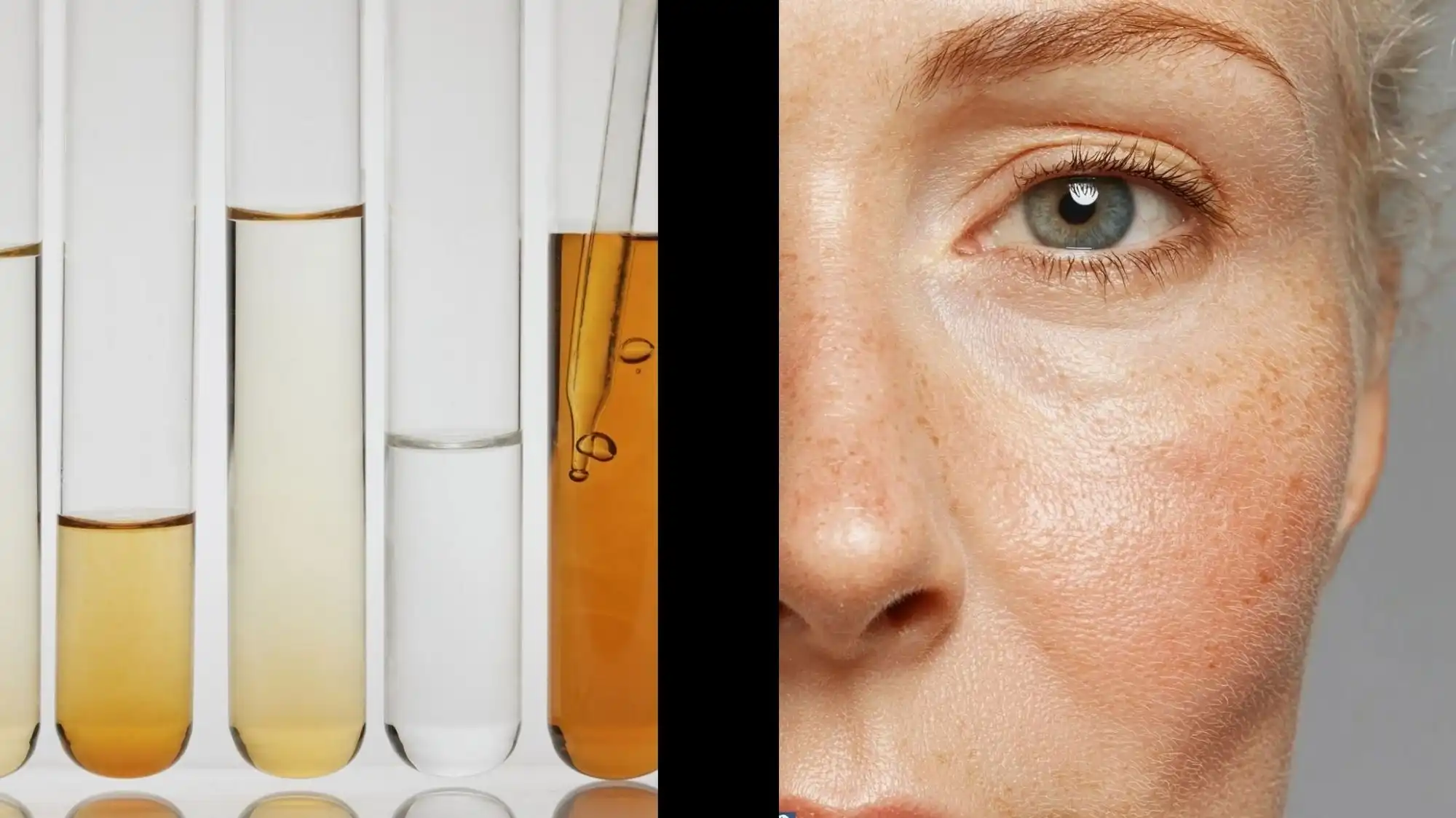Laboratory test tubes with bioactive formulations alongside healthy, radiant skin, illustrating the connection between longevity wellness, regenerative skincare, biotechnology and healthy ageing. Image by C2 Fashion Studio Trend Forecasting highlighting future beauty and healthspan innovation.