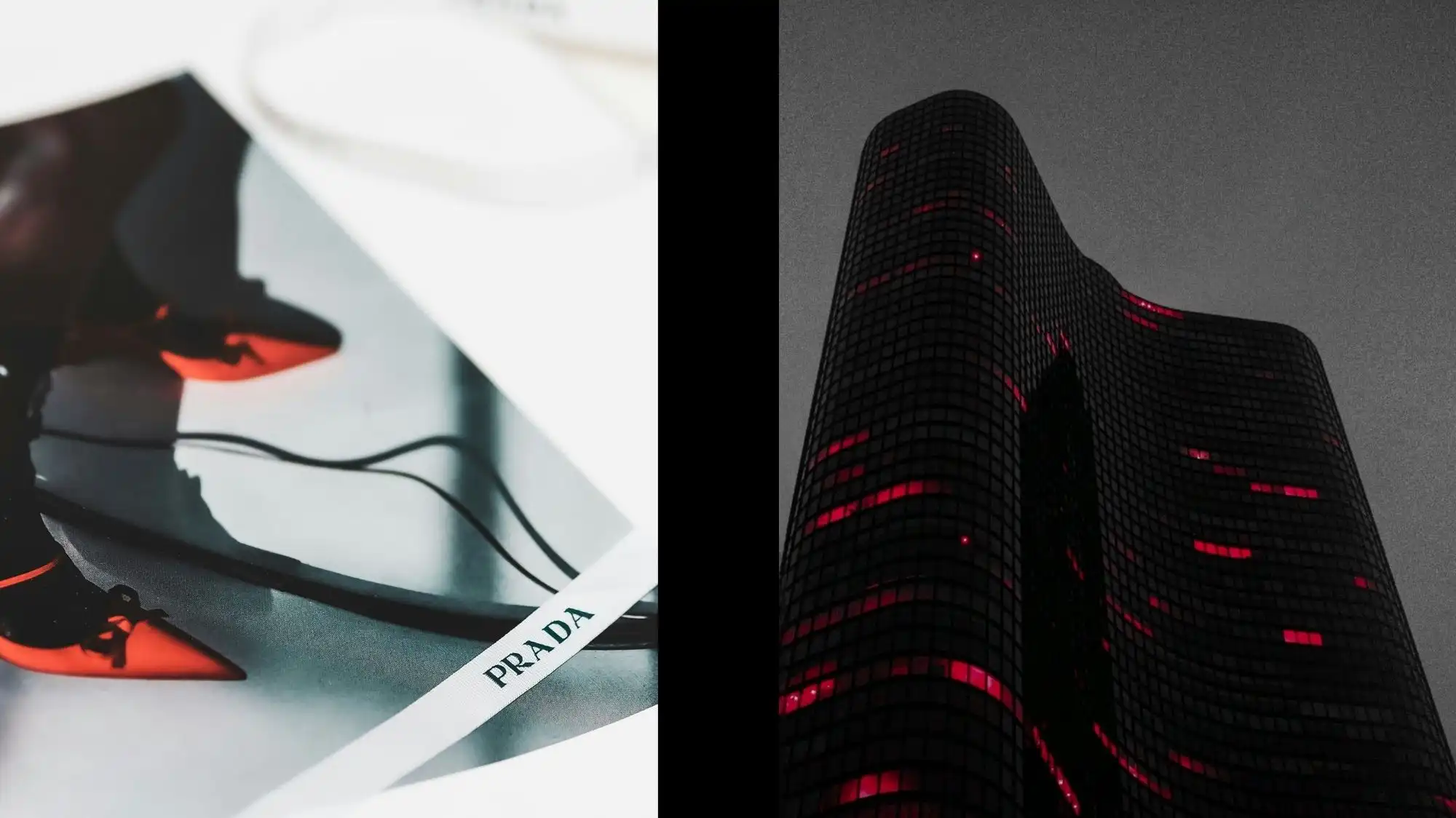 Prada footwear displayed alongside contemporary architecture with illuminated red windows, illustrating the convergence of fashion, architecture, and emotional storytelling through Transformative Narrative Design in Fashion Trend Forecasting by C2 Fashion Studio.