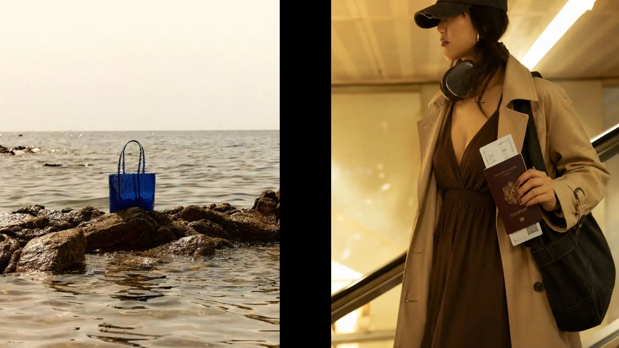 Blue recycled woven tote bag by the sea and traveler carrying a passport and boarding pass, representing Digital Product Passports, product traceability, circular fashion, transparency, and Fashion Trend Forecasting by C2 Fashion Studio.