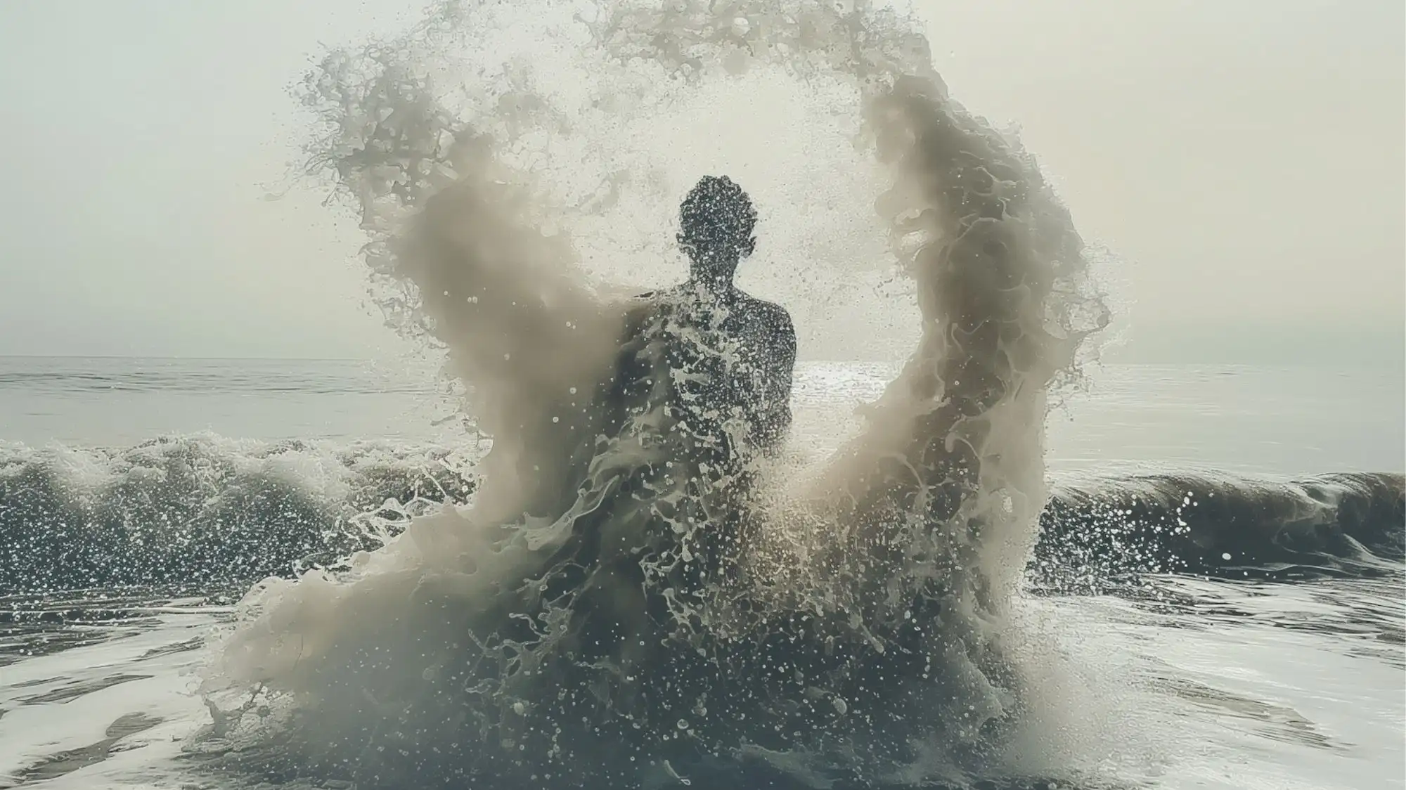 Conceptual fashion image of a human silhouette emerging through crashing ocean waves, symbolising emotional resilience, transformation and the future of product desirability. C2 Fashion Studio Fashion Trend Forecasting explores how Trend Intelligence connects emotion, consumer behaviour and meaningful design for 2028.