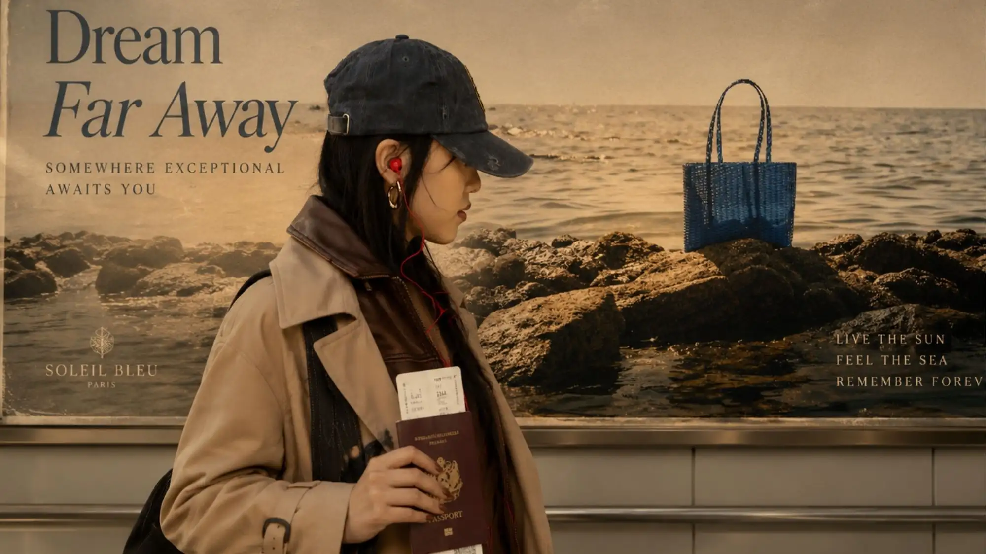 Traveler holding a passport and boarding pass in front of a luxury travel advertisement featuring a sustainable blue woven tote bag, illustrating Digital Product Passports, fashion traceability, consumer transparency, and Trend Intelligence by C2 Fashion Studio.