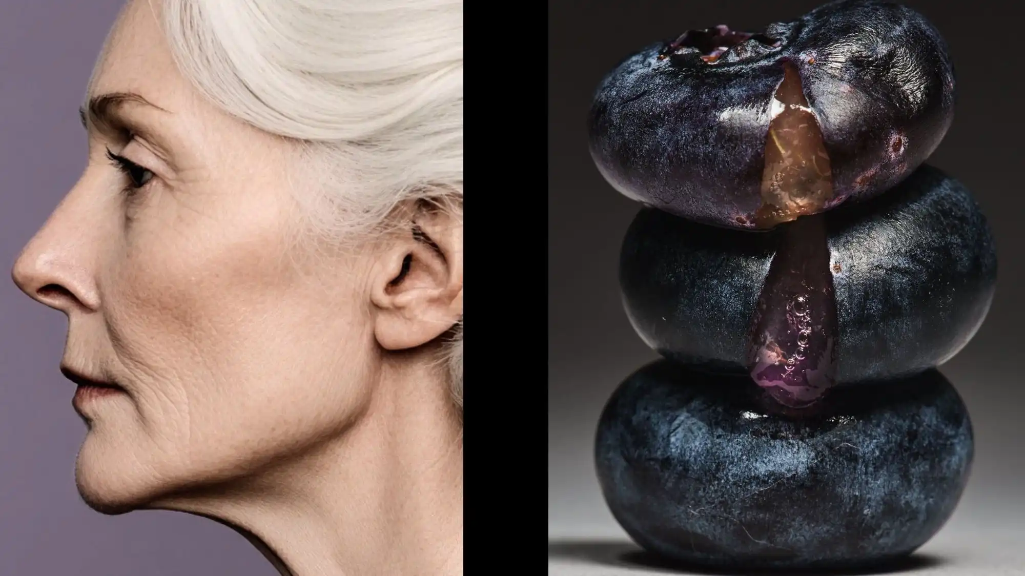Side profile of an older woman paired with antioxidant-rich blueberries, illustrating the connection between healthy ageing, nutrition and longevity wellness. Image by C2 Fashion Studio Trend Forecasting highlighting healthspan, functional nutrition and future consumer wellbeing.