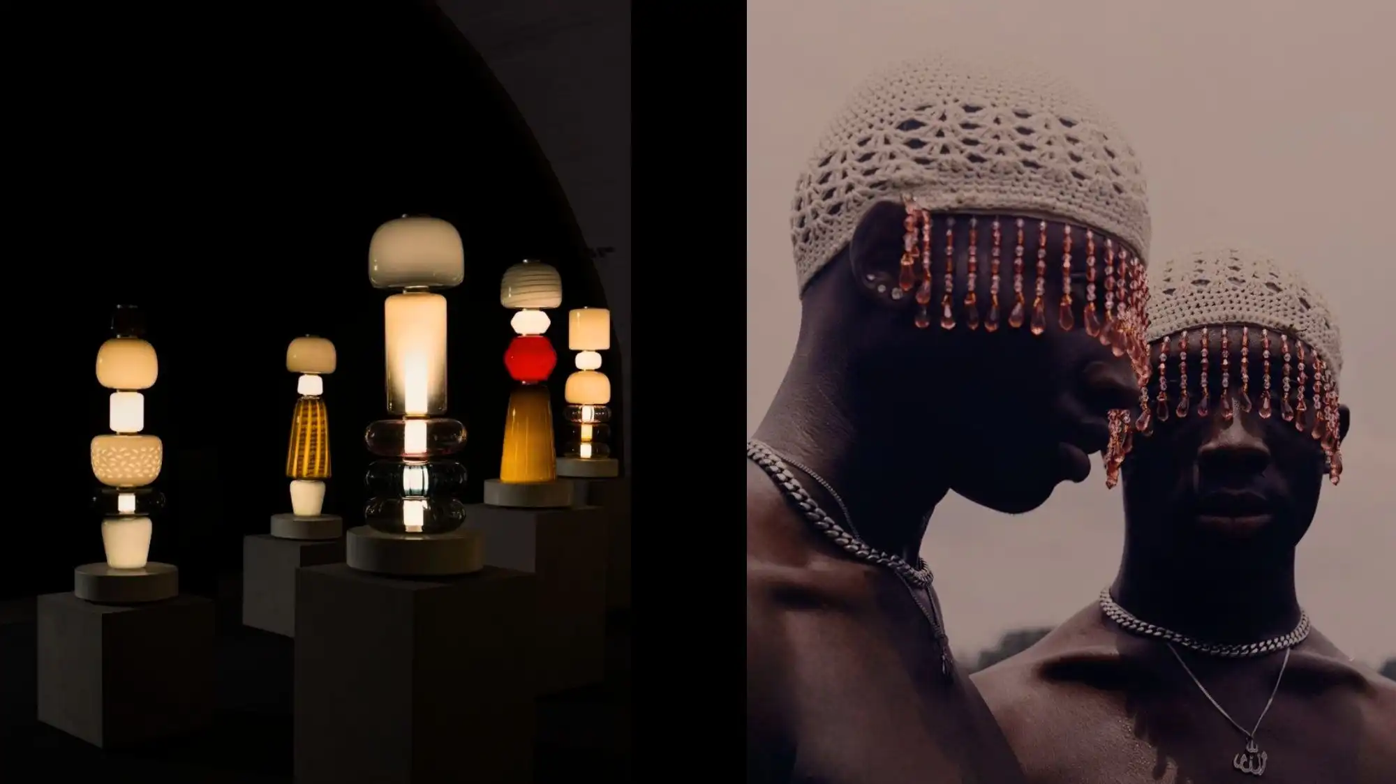 Artistic lighting installations and handcrafted beaded crochet headpieces illustrate the convergence of design, craftsmanship, and cultural storytelling through Transformative Narrative Design in Fashion Trend Forecasting by C2 Fashion Studio.