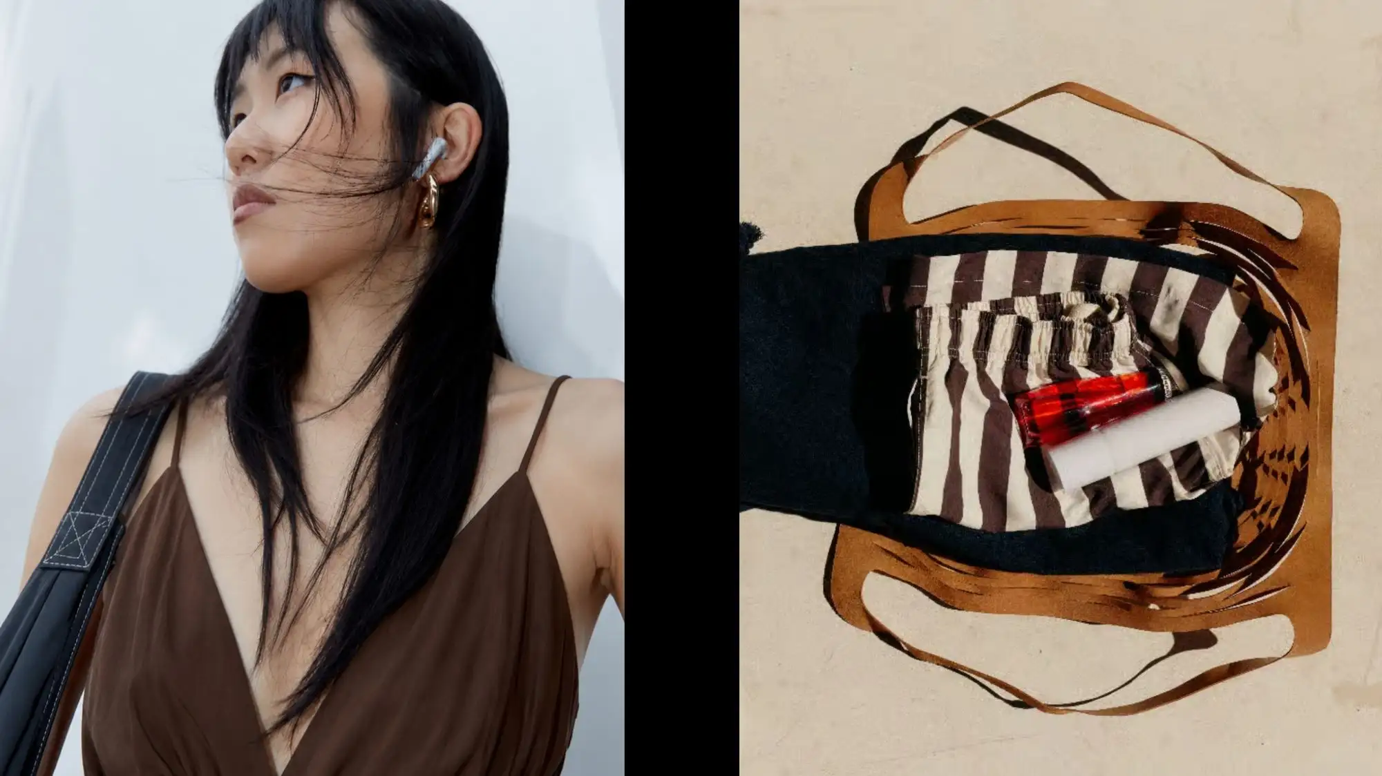 Traveler carrying a reusable tote bag alongside an organized view of everyday essentials inside the bag, highlighting Digital Product Passports, product transparency, circular fashion, traceability, and Fashion Trend Forecasting by C2 Fashion Studio.