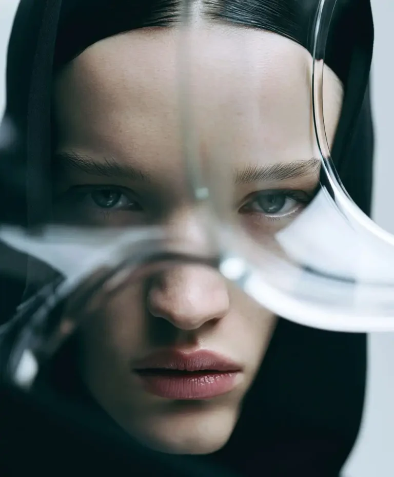 Conceptual fashion portrait illustrating the future of product desirability through transparent lenses and minimal styling. C2 Fashion Studio Fashion Trend Forecasting explores how Trend Intelligence and Trend Forecasting redefine emotional value, consumer perception and product relevance for 2028.