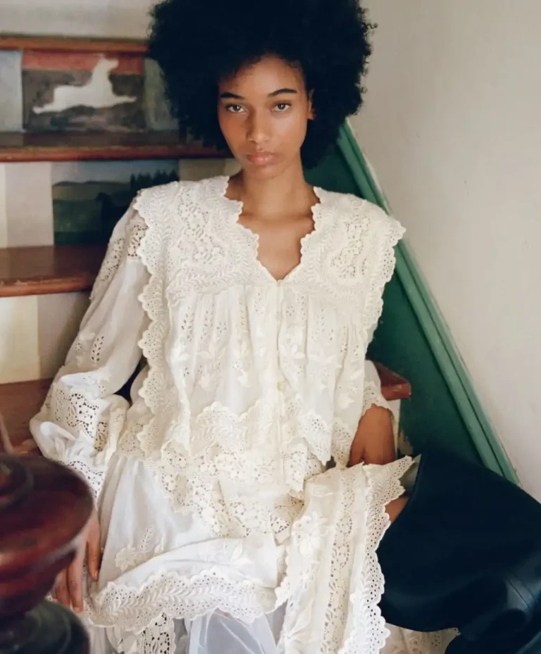 Spring Summer 2028 fashion trend forecasting featuring a romantic white lace dress with heirloom-inspired craftsmanship, emotional durability, and timeless design. Trend Intelligence by C2 Fashion Studio.