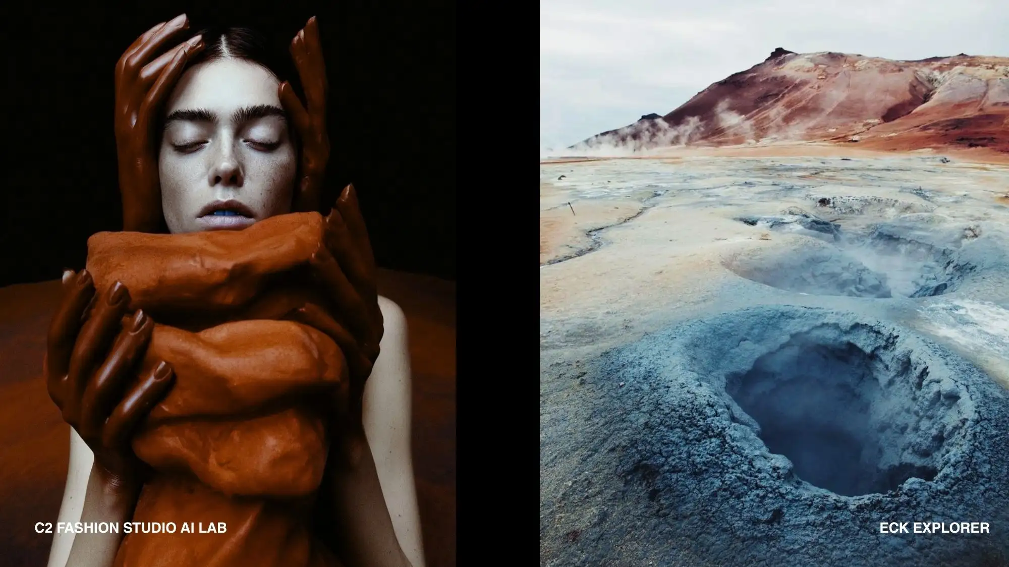 Autumn Winter 2028 2029 fashion trend forecast by C2 Fashion Studio connecting Human Equilibrium, protective human forms and extreme natural landscapes.