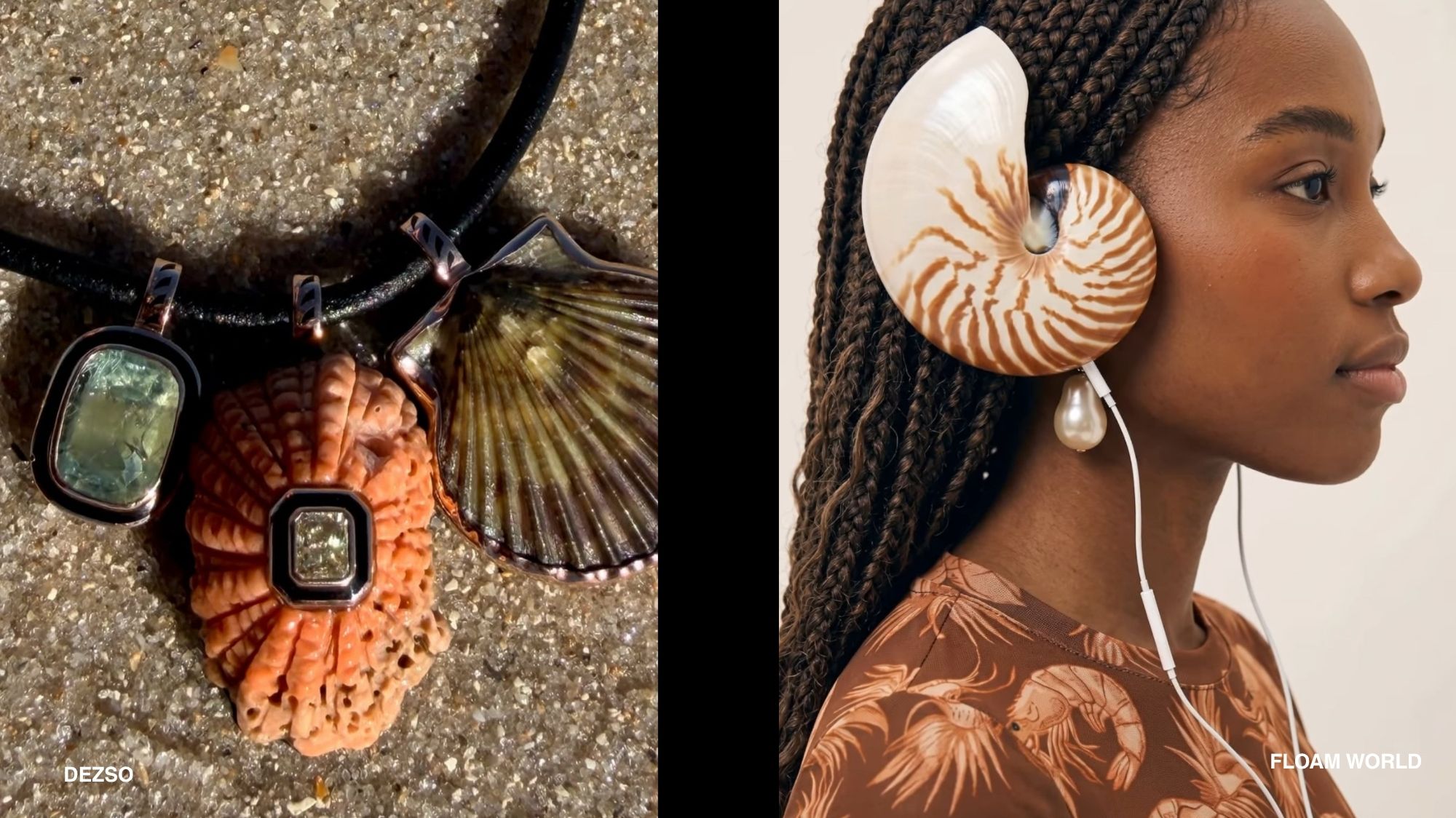 Spring Summer 2028 jewelry featuring shell-inspired pendants, gemstones and sculptural shell accessories, reflecting C2 Fashion Studio Fashion Trend Forecasting and new naturalism.