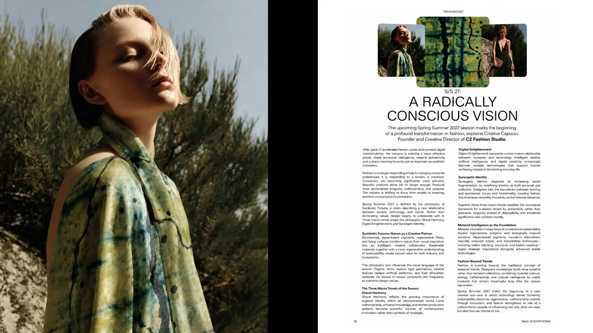 WeAr Showrooms Magazine featuring C2 Fashion Studio’s Spring Summer 2027 Fashion Trend Forecasting editorial, highlighting A Radically Conscious Vision by leading trend forecaster Cristina Capucci with sustainable fashion, Trend Intelligence, and future design insights.