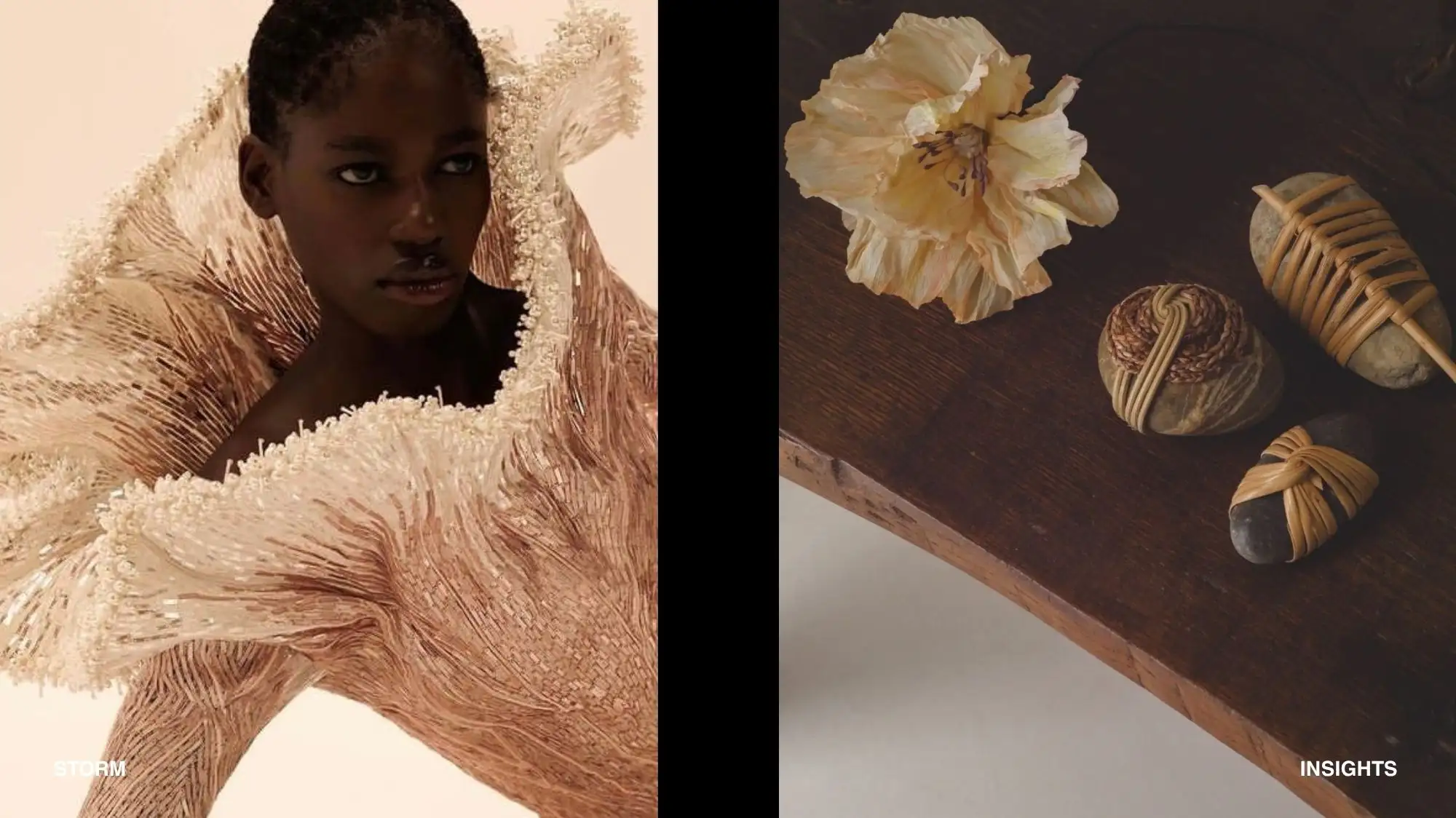 Sculptural fashion silhouette paired with handcrafted natural objects and organic forms, expressing Symbiotic Futures, material intelligence and mutualism with nature in C2 Fashion Studio Trend Forecasting for Spring Summer 2028.