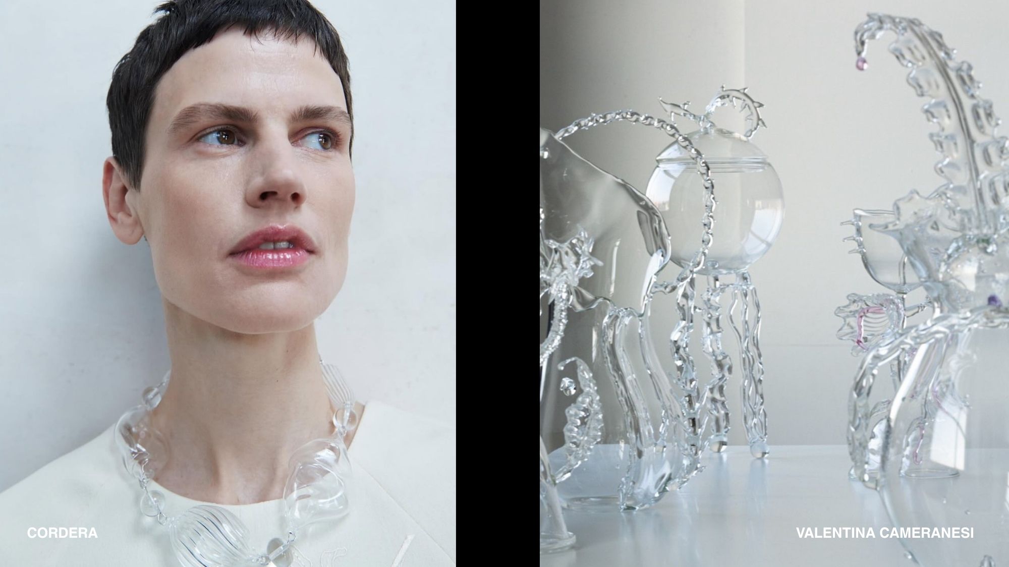 Spring Summer 2028 jewelry featuring transparent sculptural necklace and experimental glass forms, reflecting C2 Fashion Studio Fashion Trend Forecasting and material innovation.