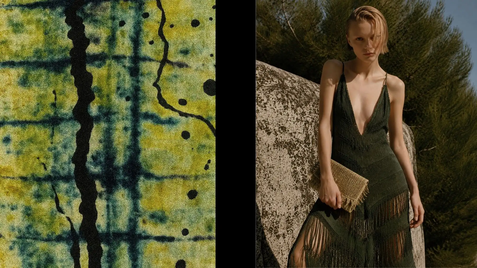 Spring Summer 2027 fashion editorial by C2 Fashion Studio featured in WeAr Showrooms, showcasing nature-inspired textile prints, handcrafted fringe dress, material innovation, sustainable luxury, and Fashion Trend Forecasting by Cristina Capucci.