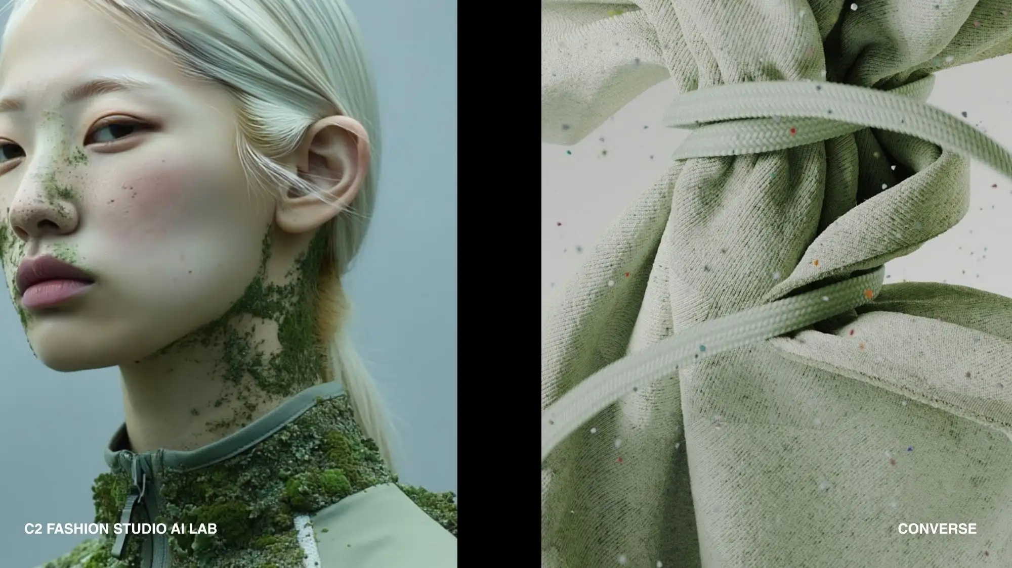 AI-generated beauty portrait with moss-like organic growth paired with regenerative textile material by Converse, exploring Symbiotic Futures, mutualism with nature and material innovation through C2 Fashion Studio Trend Forecasting for Spring Summer 2028.