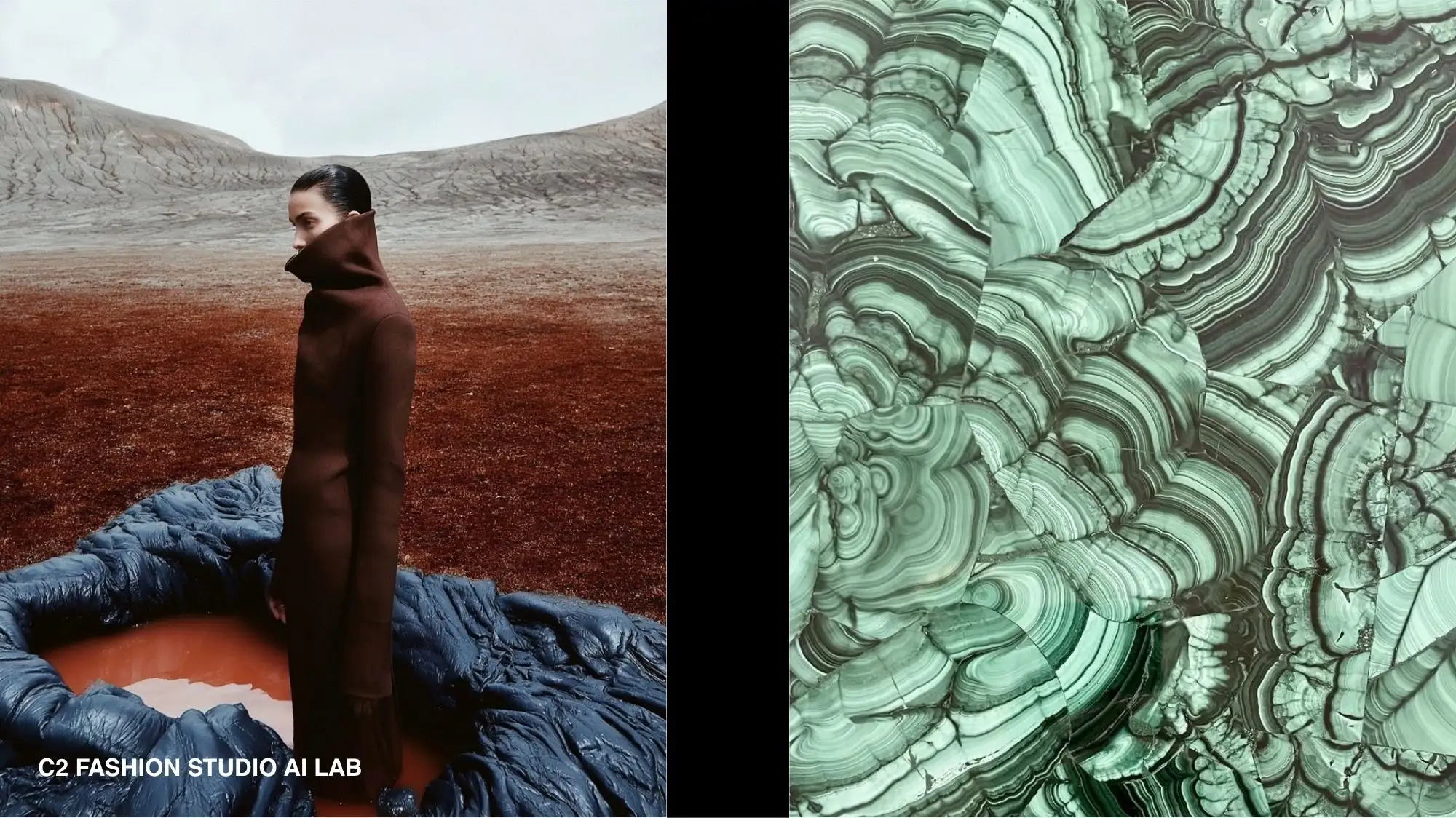 Malachite Green and Raisin color directions for Autumn Winter 2028 2029, combining mineral structures, organic landscapes and sculptural fashion within C2 Fashion Studio Trend Forecasting and Trend Intelligence.