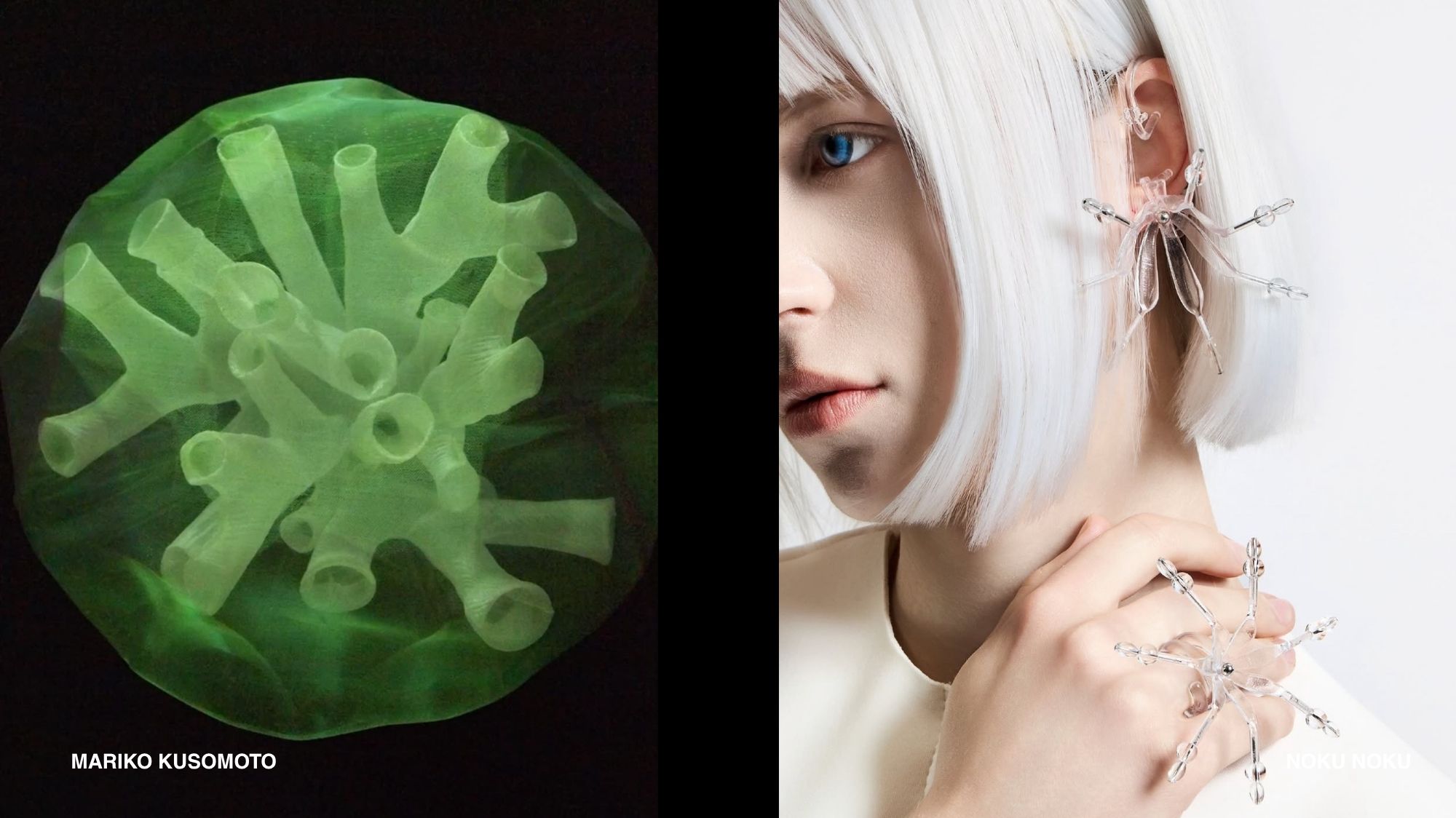Spring Summer 2028 jewelry featuring biomorphic green forms and transparent insect-inspired accessories, reflecting C2 Fashion Studio Fashion Trend Forecasting and Bio-Symbiotic Realism.