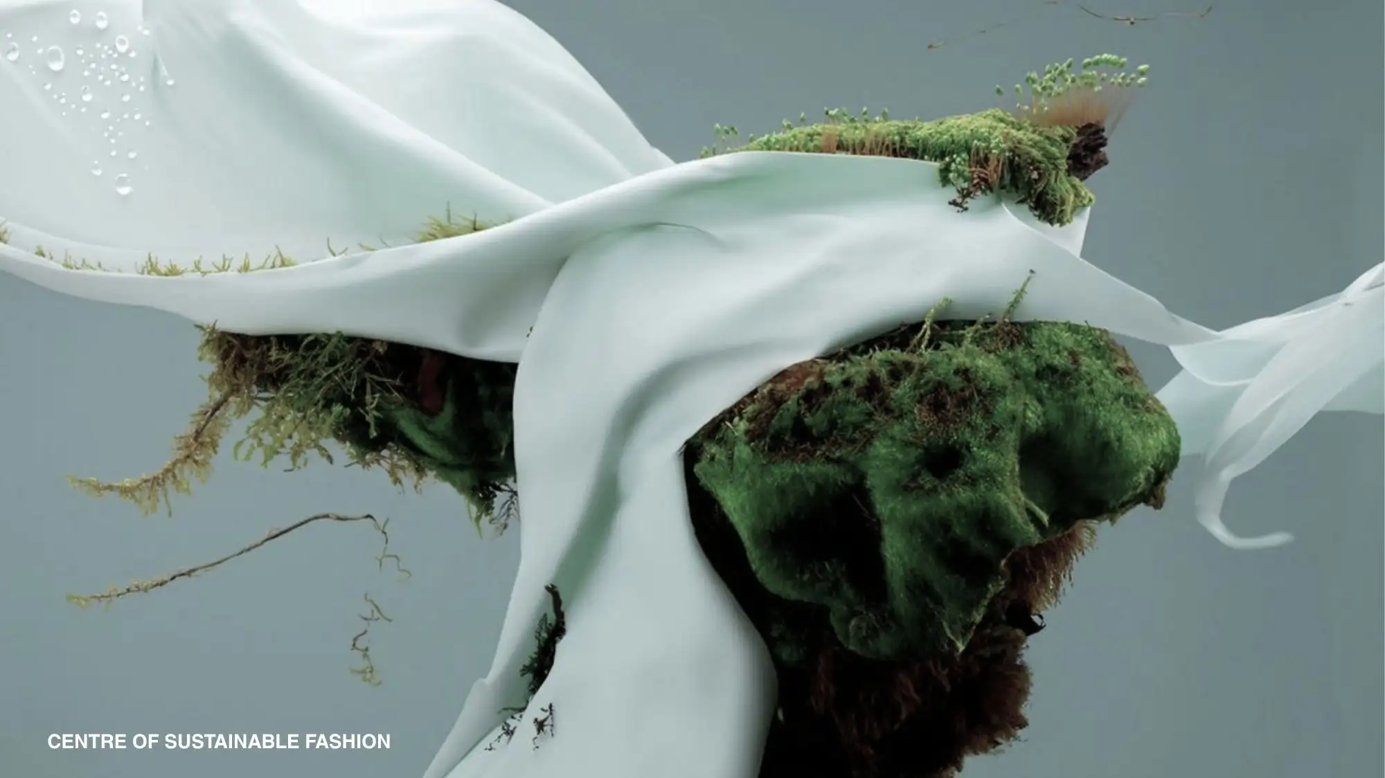 Experimental biomaterial draped across living moss and vegetation, exploring Symbiotic Futures, mutualism with nature and regenerative material systems within C2 Fashion Studio Trend Forecasting for Spring Summer 2028.