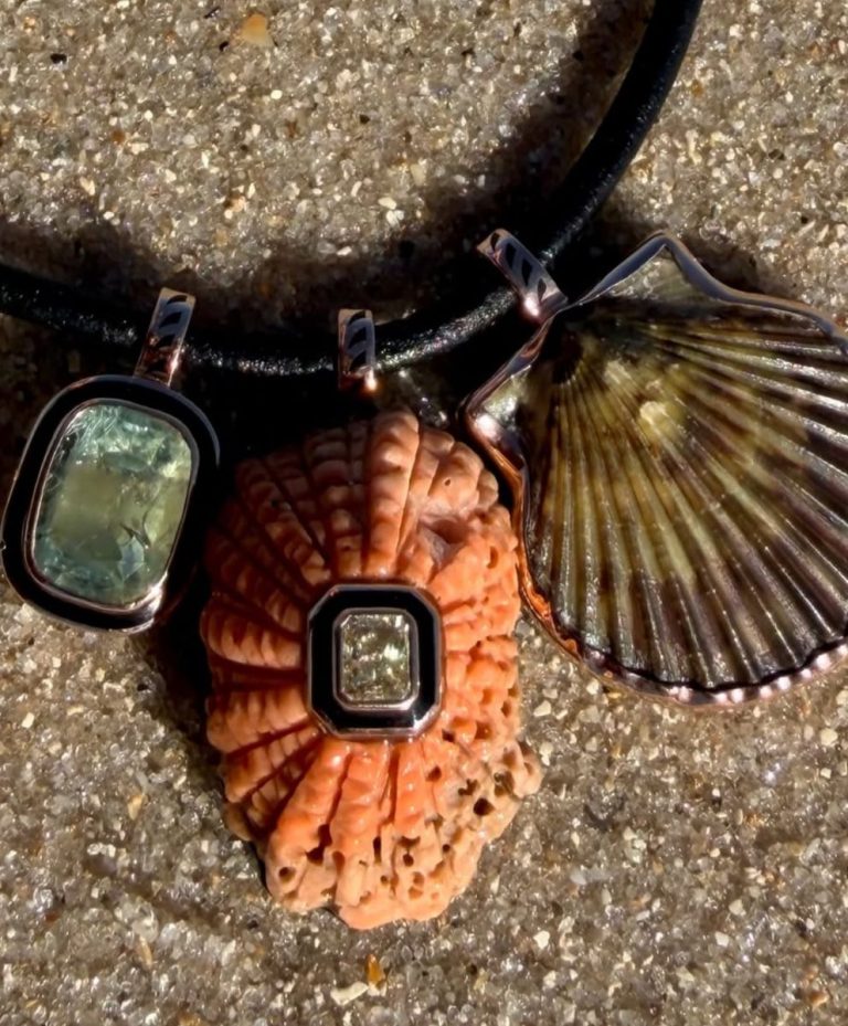 Spring Summer 2028 jewelry featuring shell-inspired pendants, organic textures and gemstones, reflecting C2 Fashion Studio Fashion Trend Forecasting and Bio-Symbiotic Realism.