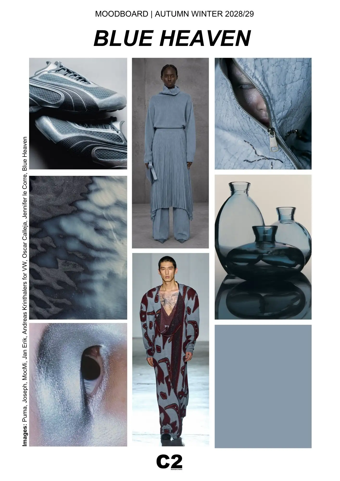 Blue Heaven moodboard for the Autumn Winter 2028 2029 Color Trend Forecast by C2 Fashion Studio, exploring atmospheric blue, icy surfaces and fluid materials through Fashion Trend Forecasting and Trend Intelligence.