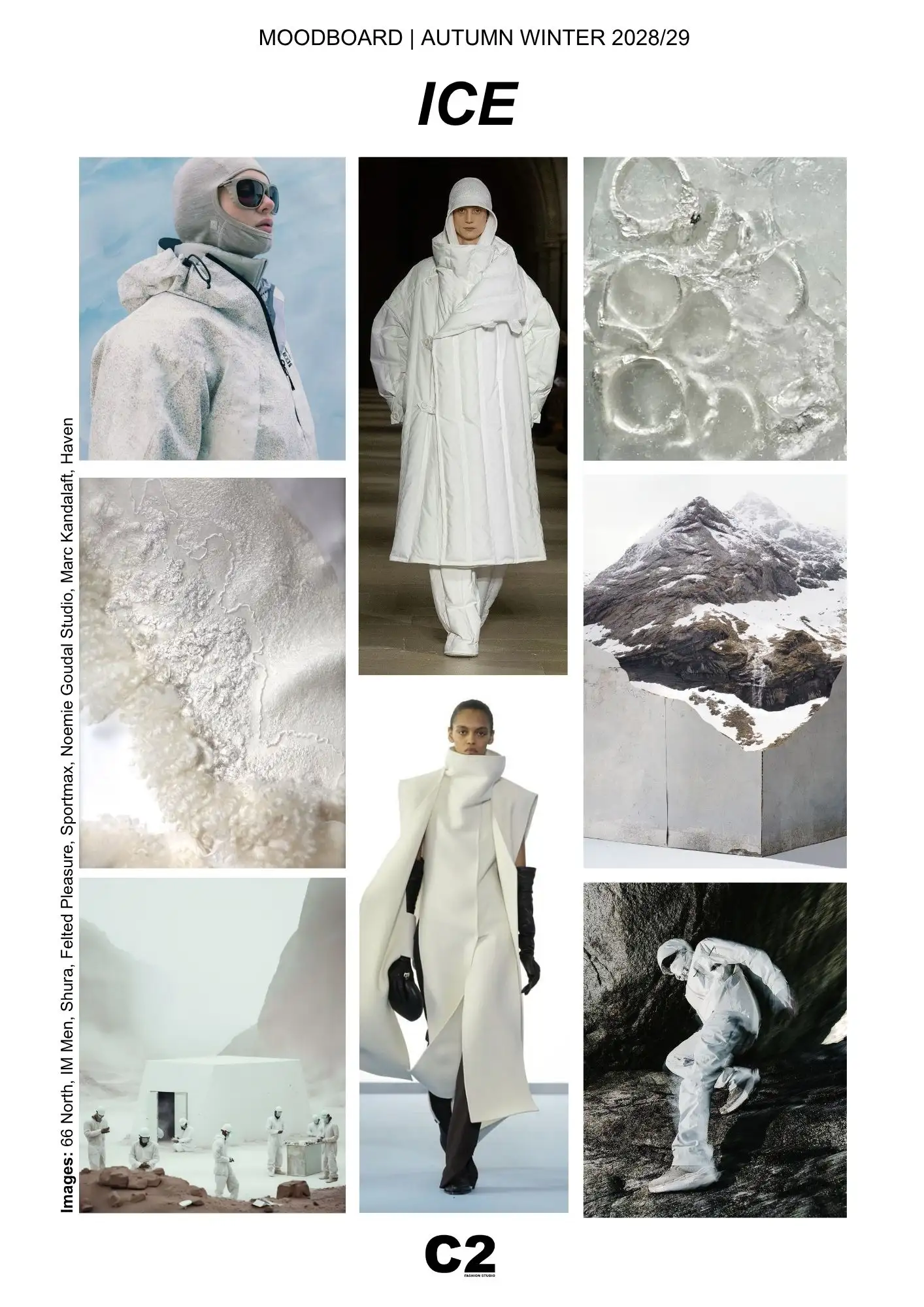 Ice Pantone 11-4803 TCX moodboard for Autumn Winter 2028 2029 by C2 Fashion Studio, exploring luminous whites, adaptive protection, winter textures and technological precision through Fashion Trend Forecasting and Trend Intelligence.