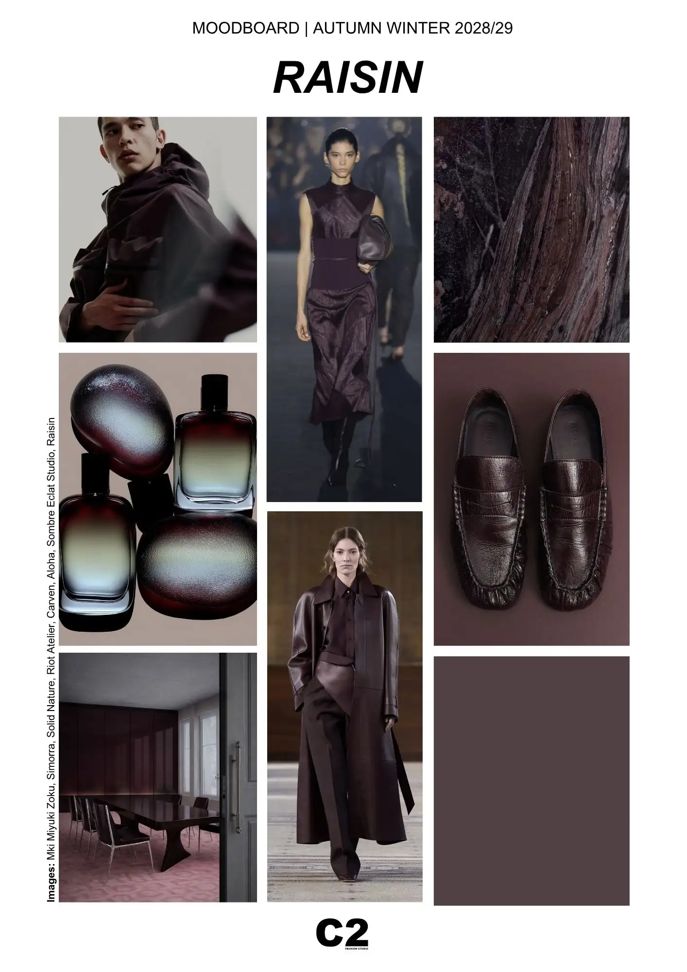 Raisin moodboard for Autumn Winter 2028 2029 by C2 Fashion Studio, exploring deep plum, brown and near-black tones across fashion, leather, interiors and material surfaces through Fashion Trend Forecasting and Trend Intelligence.