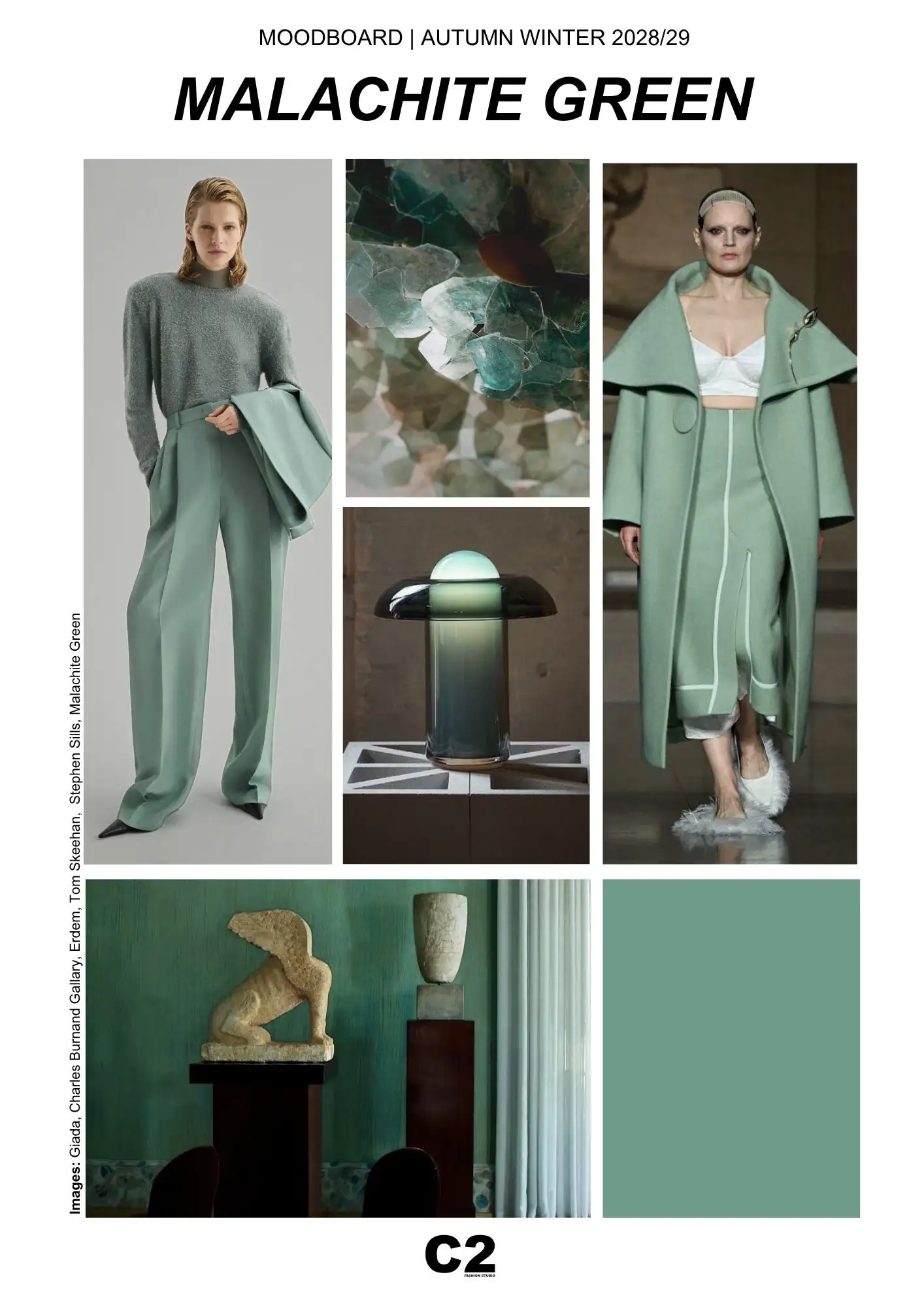 Malachite Green moodboard for Autumn Winter 2028 2029 by C2 Fashion Studio, exploring biological greens, mineral surfaces, regenerative materials and fashion through Trend Forecasting and Trend Intelligence.