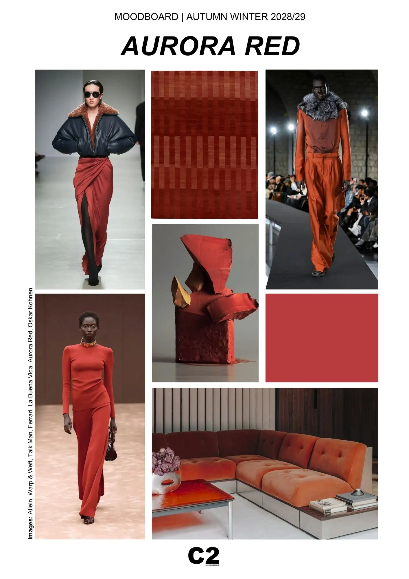 Aurora Red Pantone 18-1550 TCX moodboard for Autumn Winter 2028 2029 by C2 Fashion Studio, exploring vibrant red, burnt orange, tactile fashion and interiors through Fashion Trend Forecasting and Trend Intelligence.